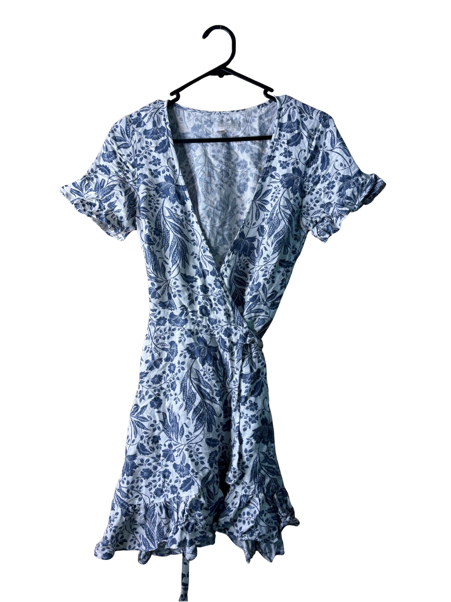 White & Blue Pattern Short Sleeve Wrap Dress