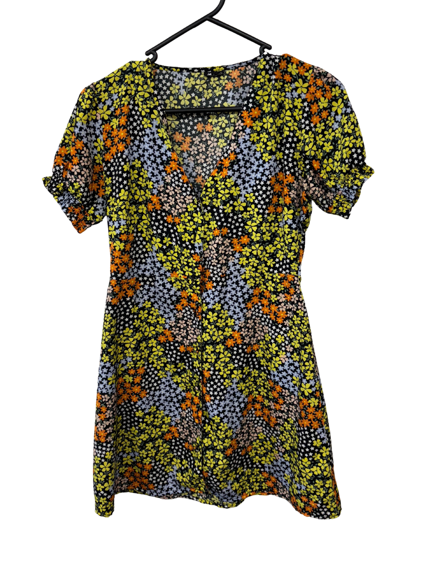 Black, White, Yellow Floral Print Shot Sleeve Button Up Dress