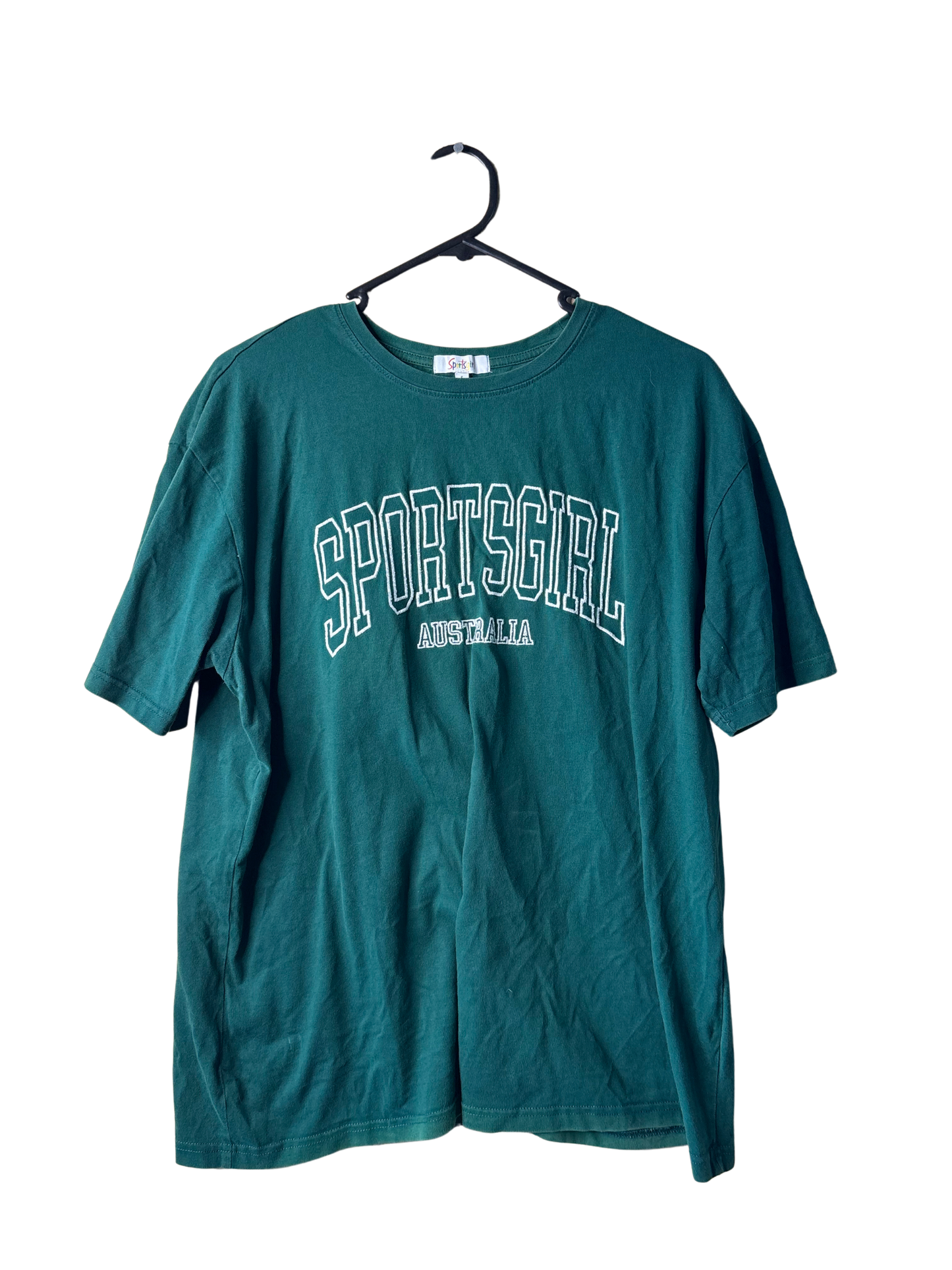 Green Short Sleeve Boxy Crop T Shirt with White Embroidery 'Sportsgirl'
