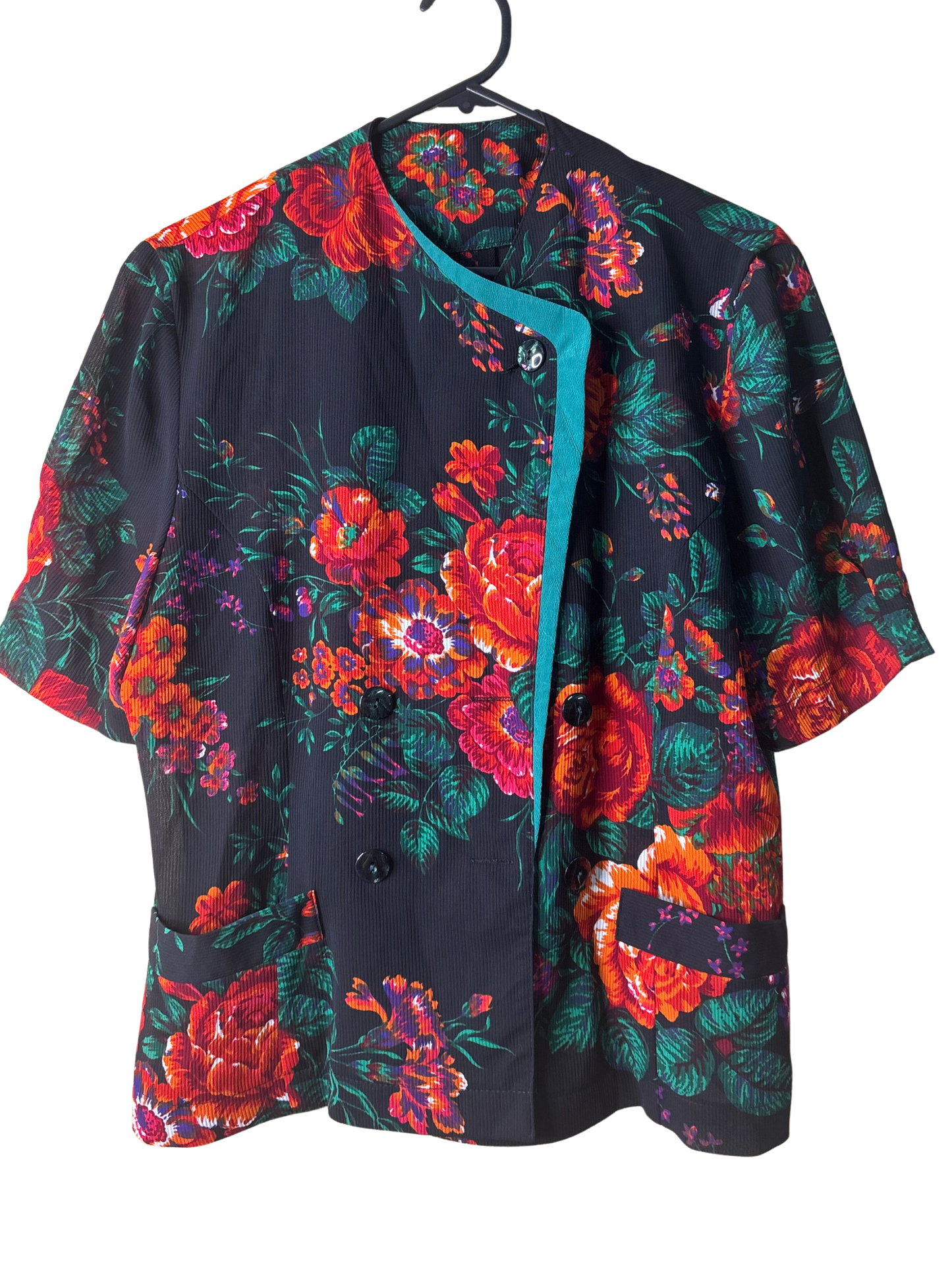 Vintage Black, Green, Orange Floral Asymmetrical Button Shirt