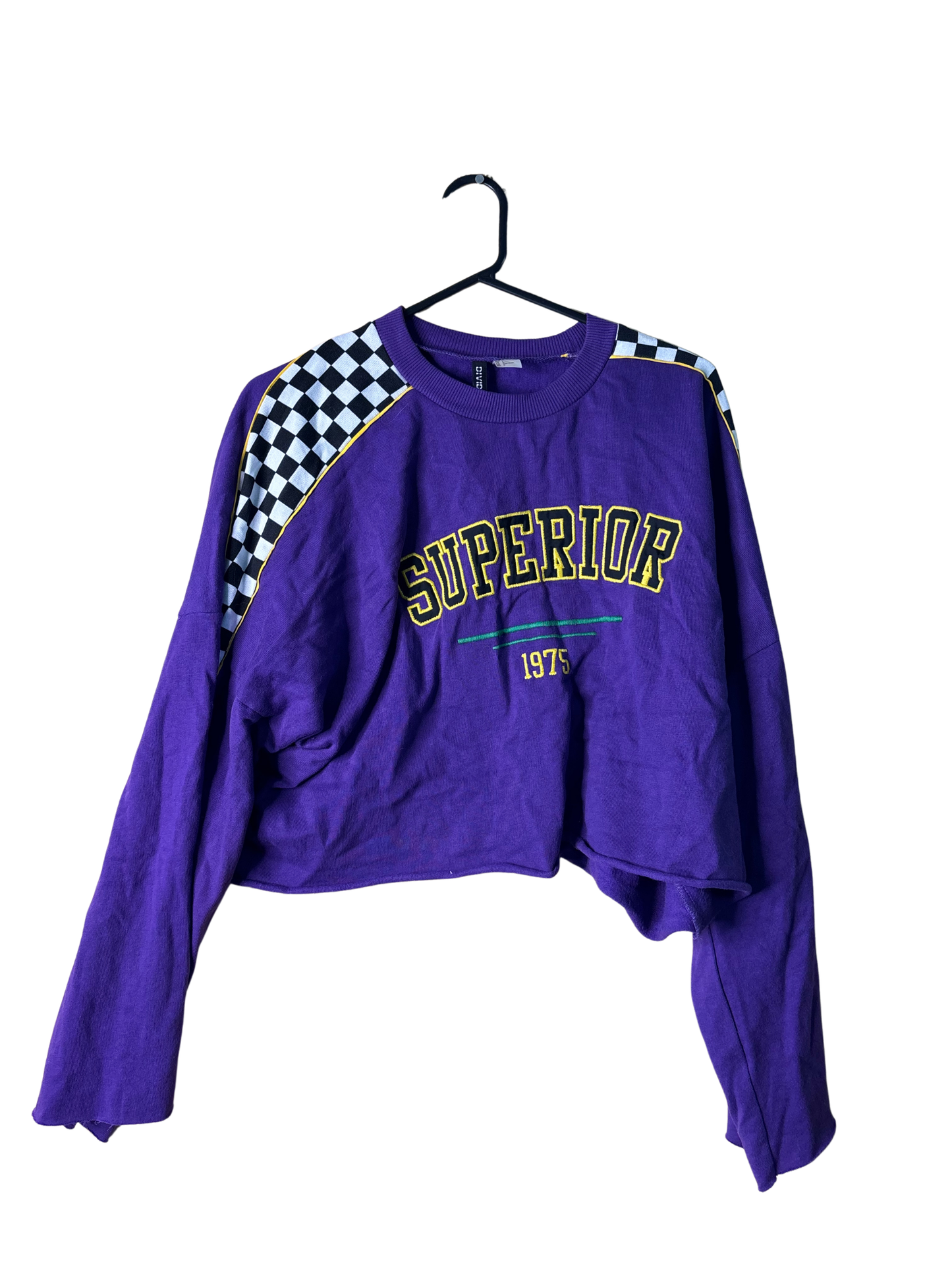 Purple Crop Sweater with Black & White Check Sleeve Detail 'Superior' Logo
