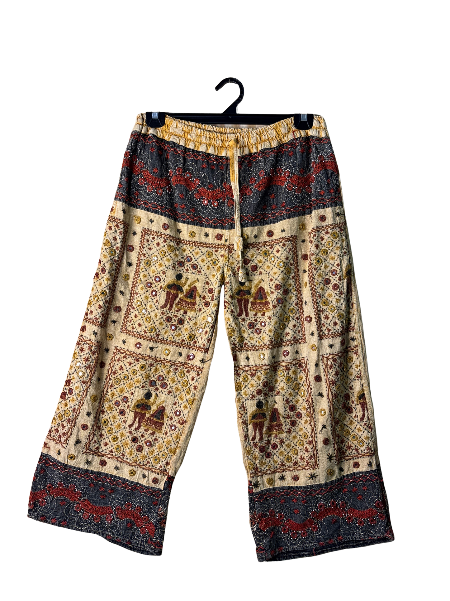 Light Yellow, Red, Black Embroidered Knee Length Culotte Pants