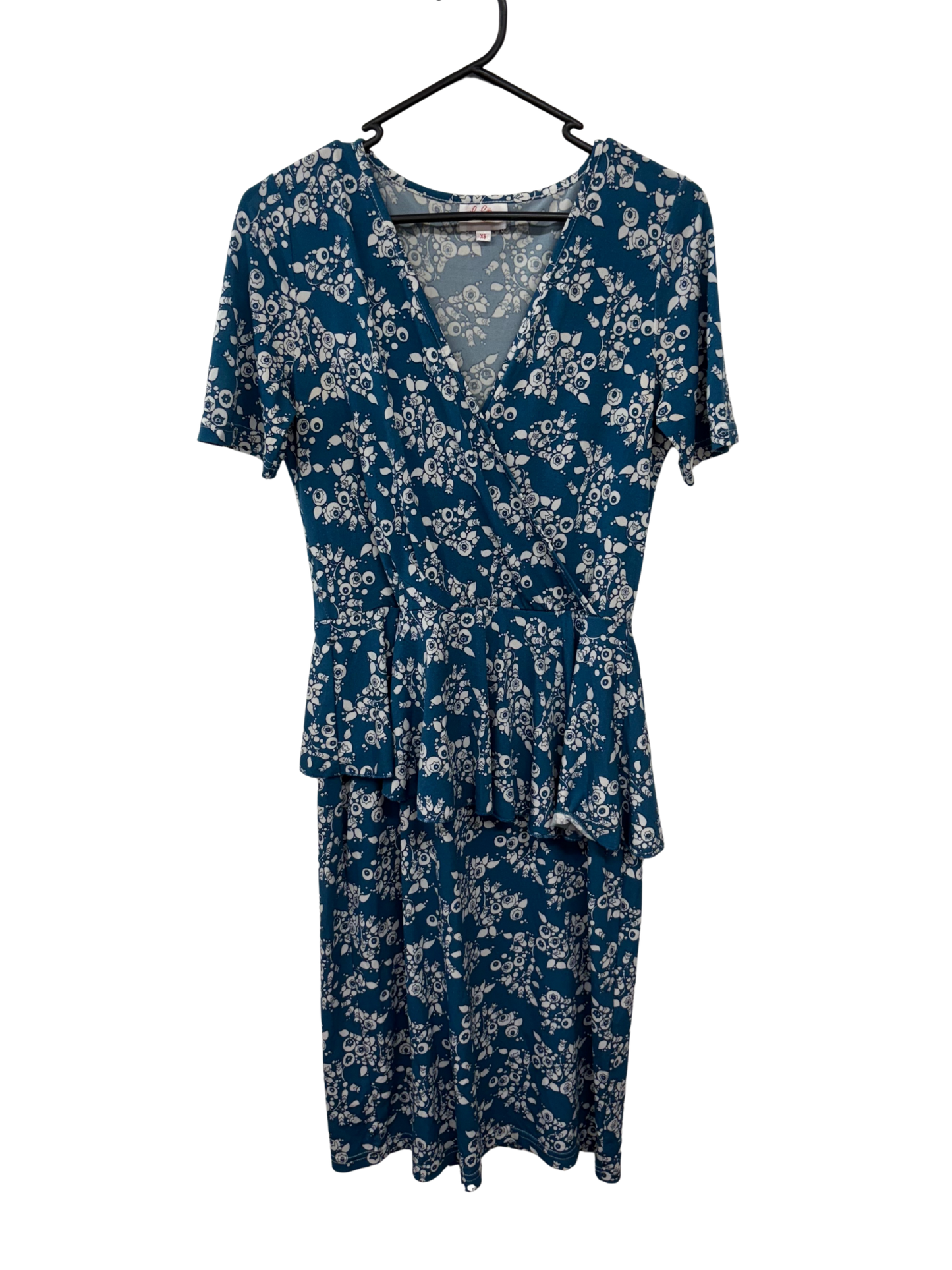 Blue & White Floral Pattern Short Sleeve Peplum Midi Dress
