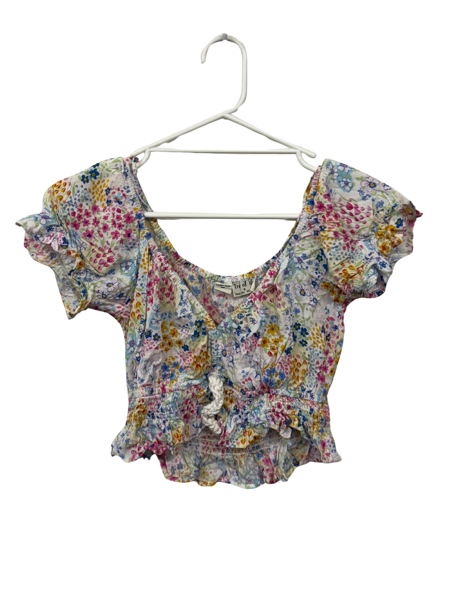 White & Multicolour Floral Print Short Puffy Sleeve Crop Top