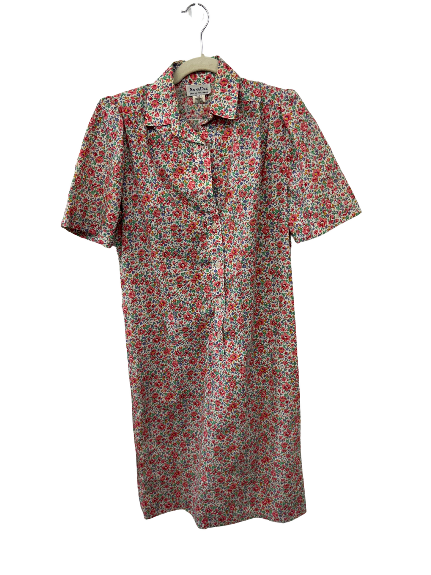 80s White, Red, Green Floral Print Short Sleeve Button Up Midi Dress