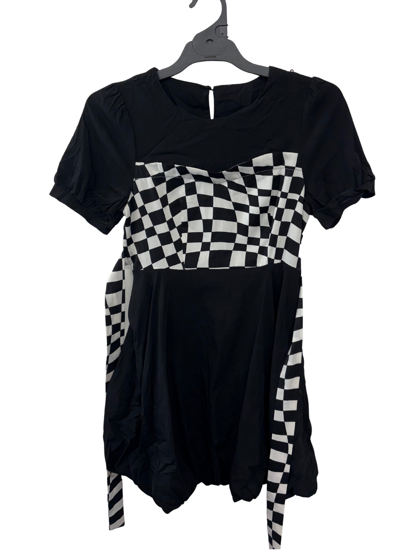 Black Short Sleeve Bubble Hem Dress with White Check Panel