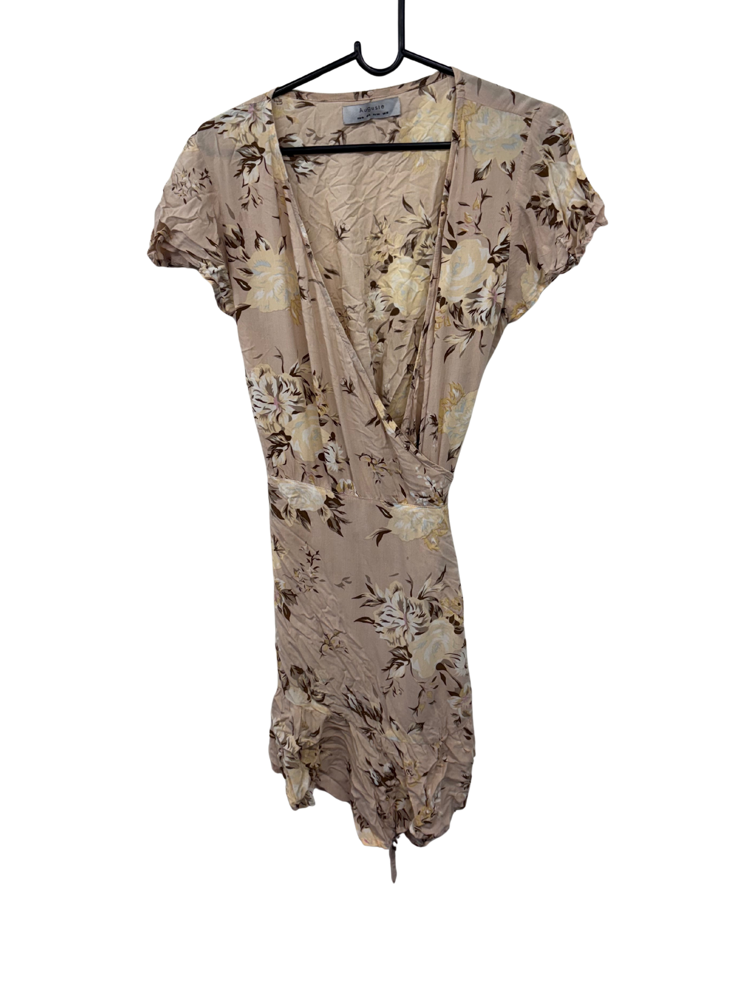 Light Pink, Cream, Brown Floral Short Sleeve Short Wrap Dress