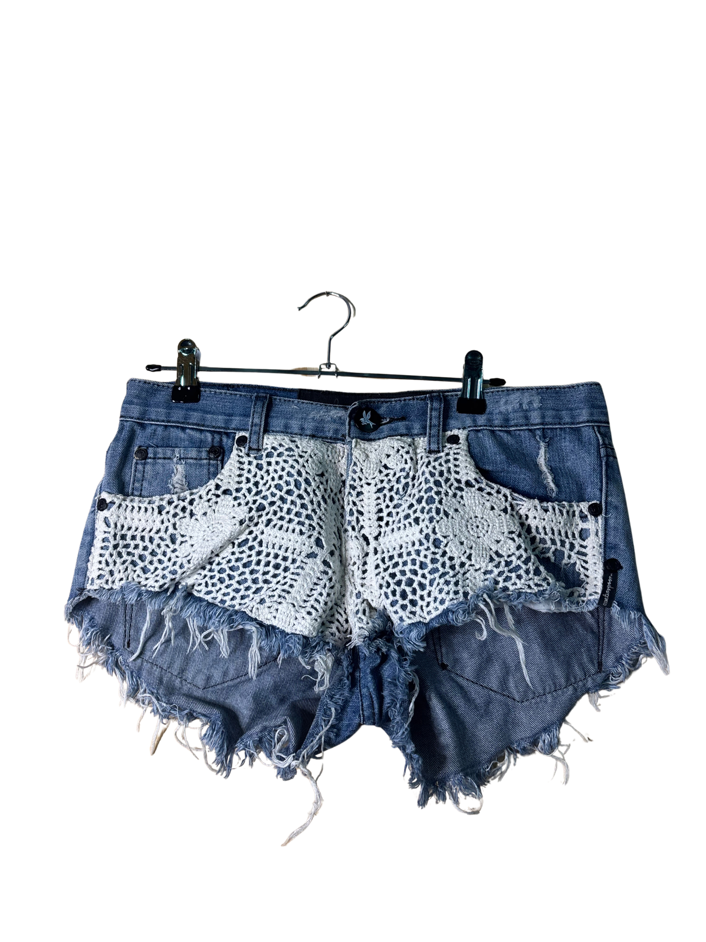 Blue Denim Low-Rise Raw Hem Shorts with Crochet