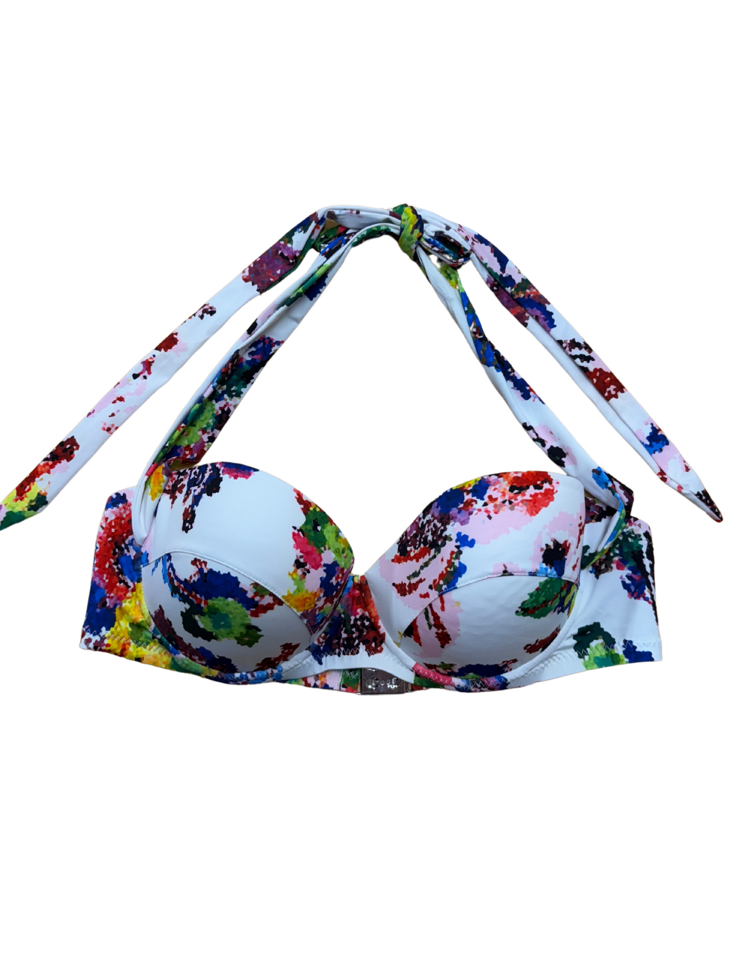 White & Multi Colour Pattern Bikini Top with Underwire