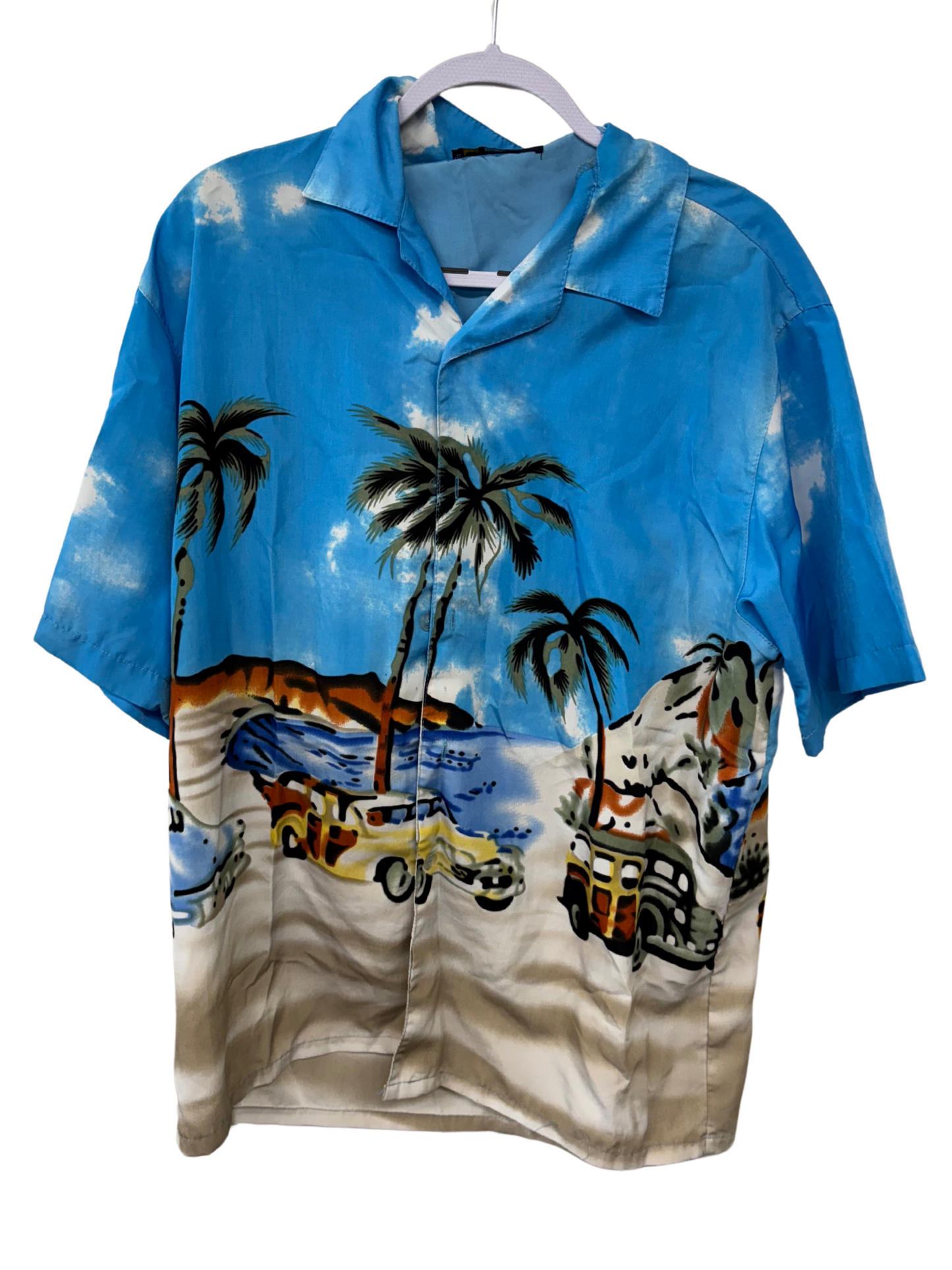 Blue, Cream Short Sleeve Button Up Shirt with Beach & Car Print