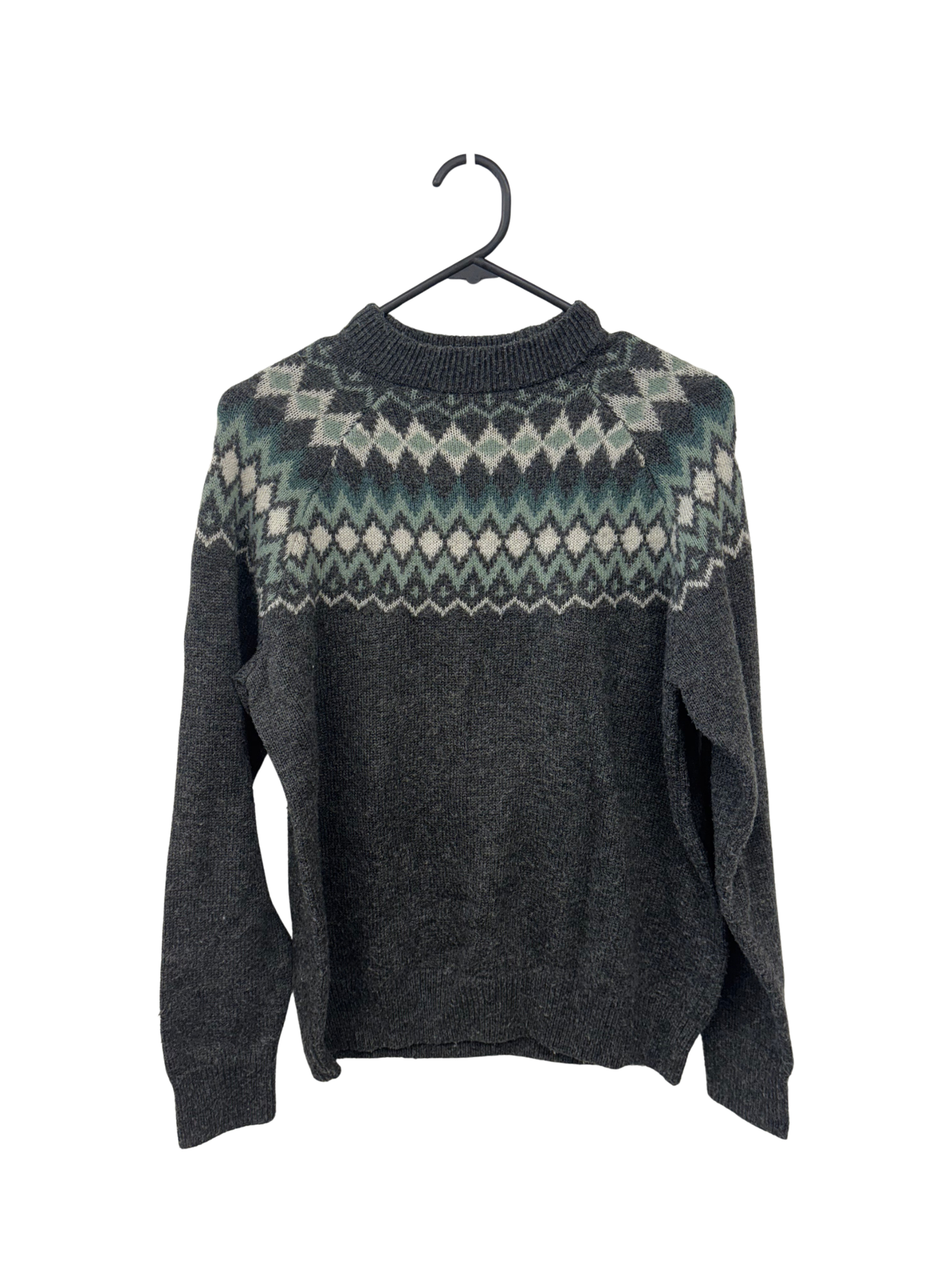 Dark Grey Knit Jumper with White & Green Diamond Pattern