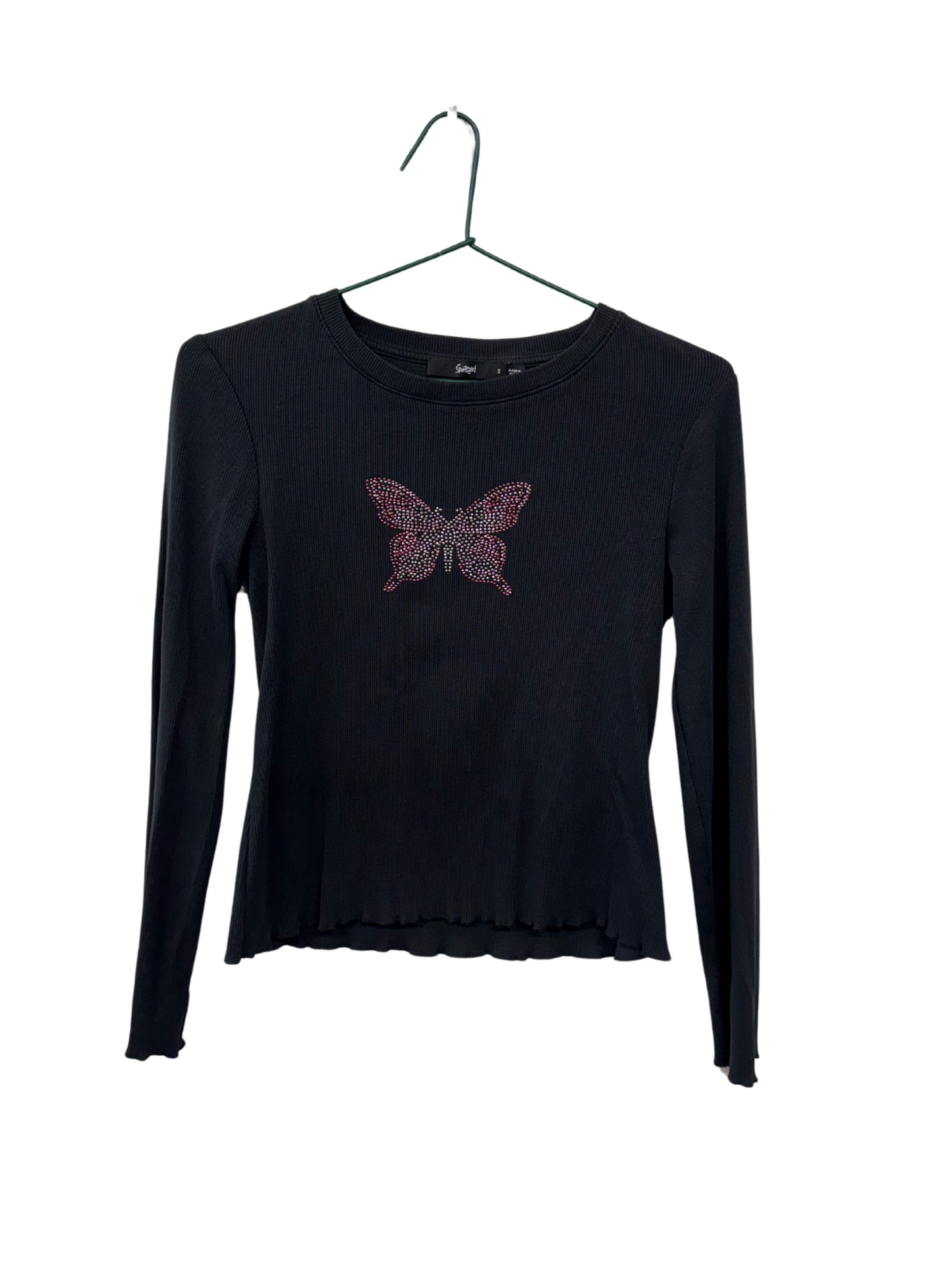 Black Long Sleeve Rib Knit Top with Butterfly Diamante