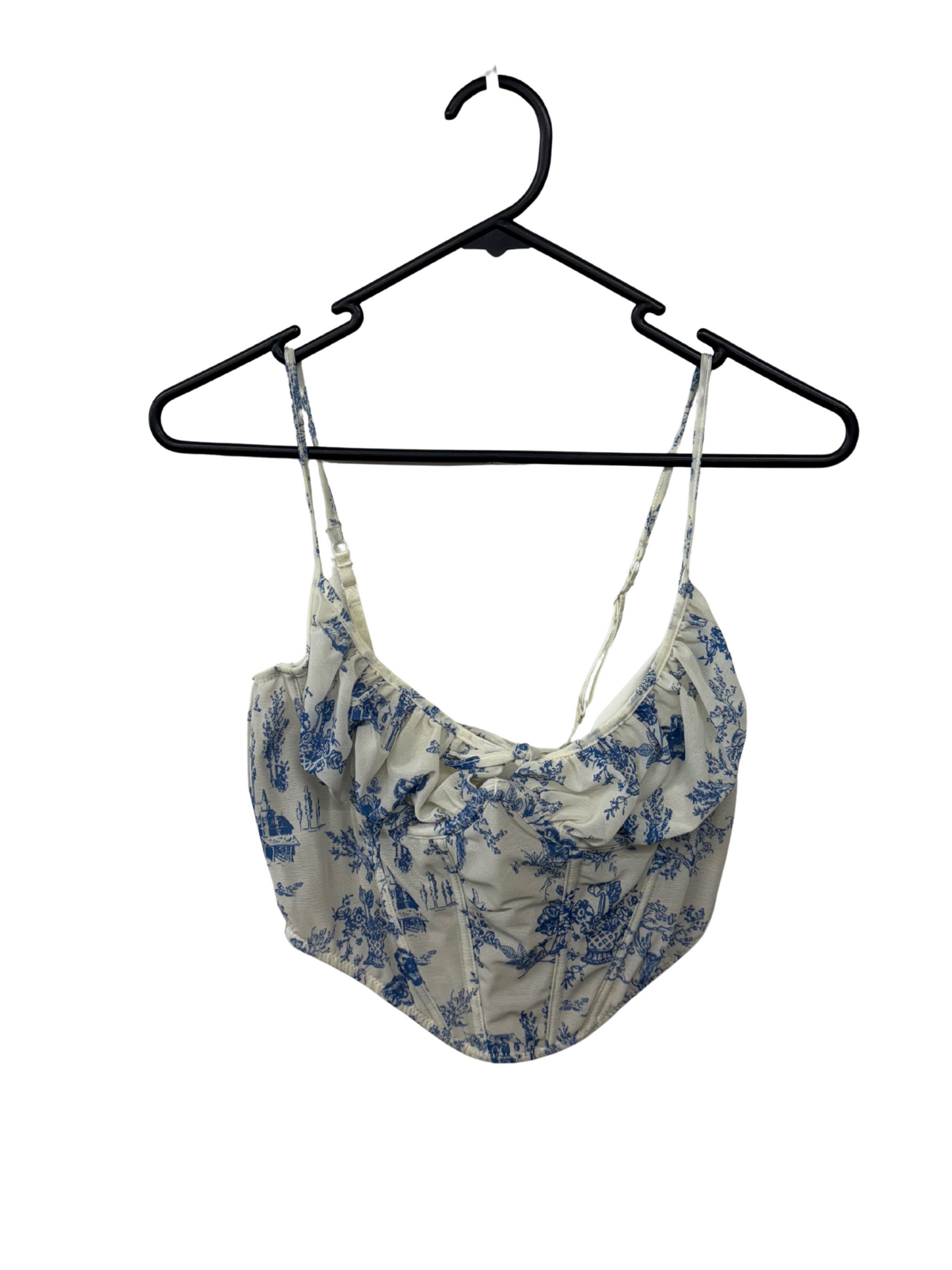 White & Blue Pattern Strappy Mesh Corset Crop Top