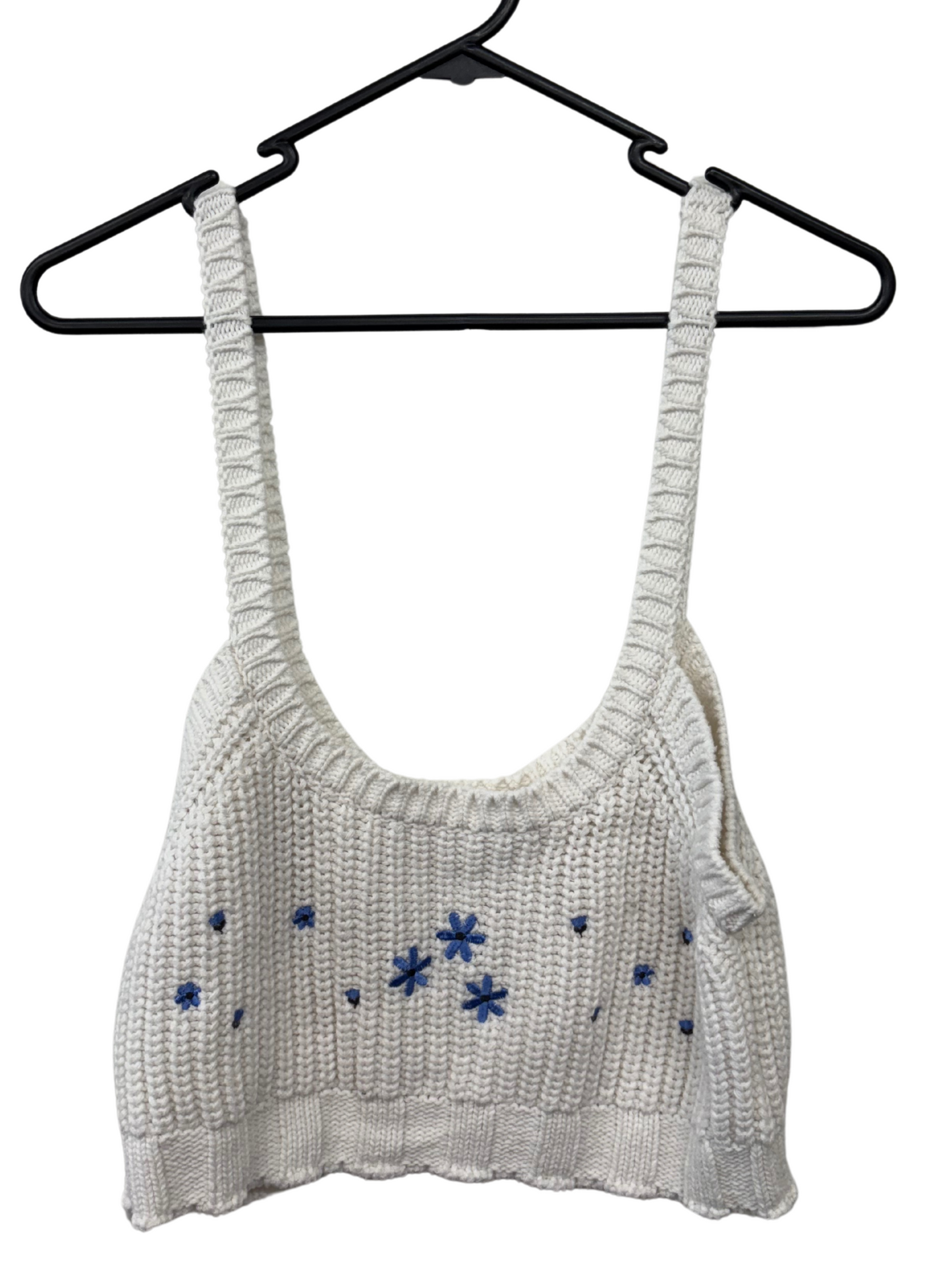 White Thin Strap Knit Crop Top with Blue Flowers