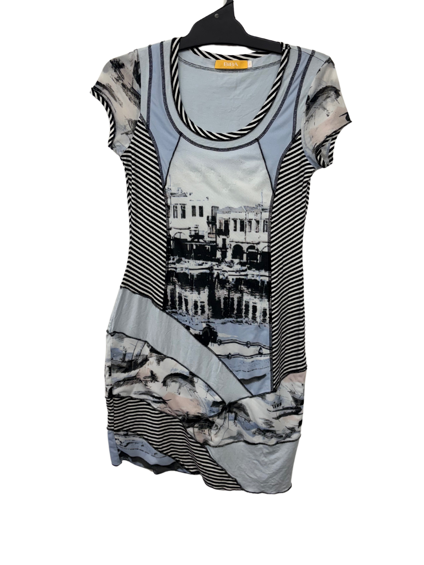 Blue, White, Green Short Sleeve Patchwork Fitted Knee Length Dress