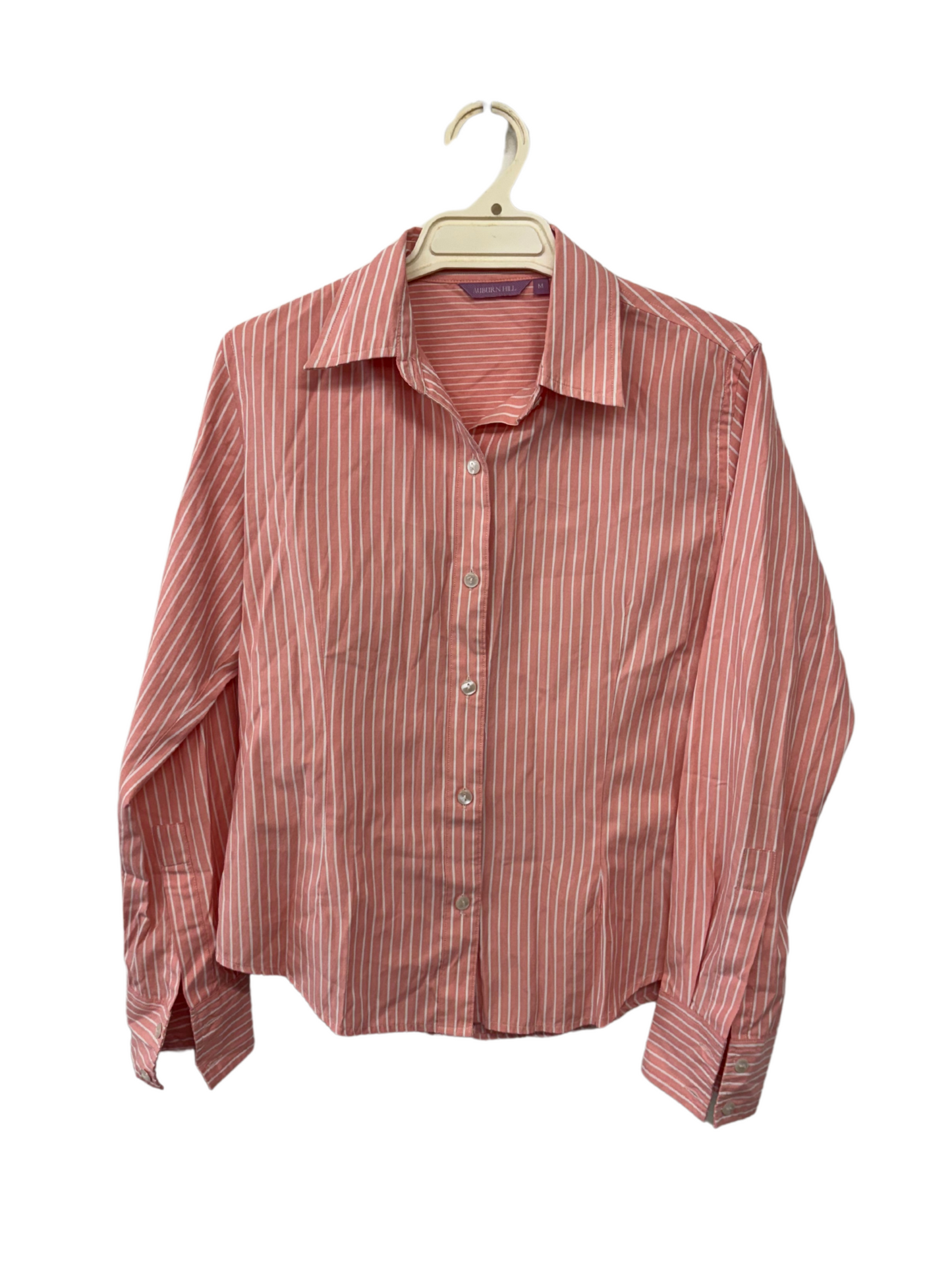 Pink & White Stripe Button Up Long Sleeve Fitted Shirt