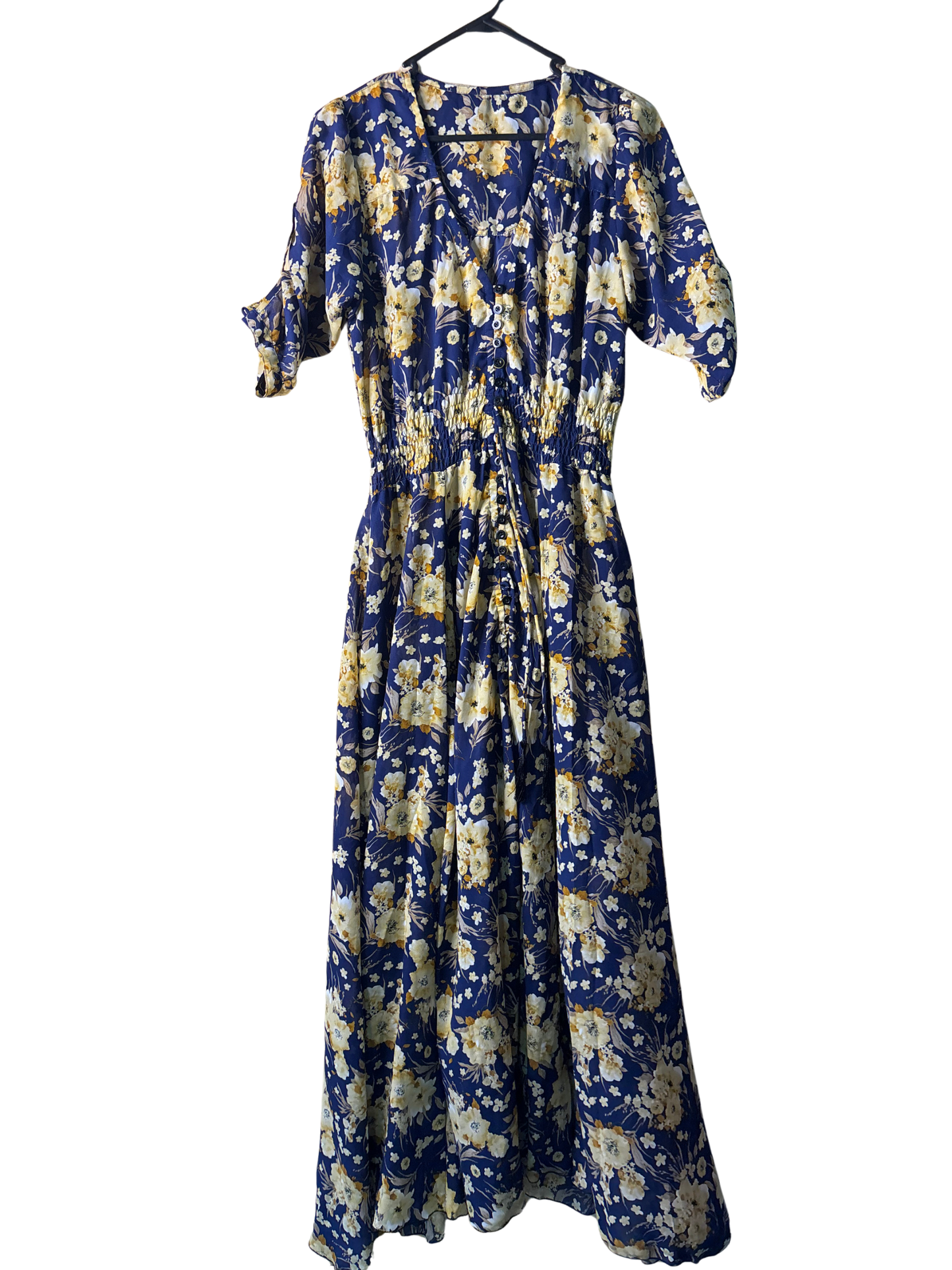 Blue & Yellow Floral Print Short Sleeve Maxi Dress