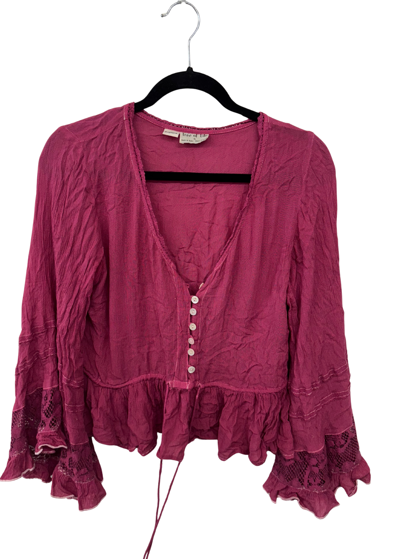 Dark Pink Long Sleeve Crop Button Up Shirt