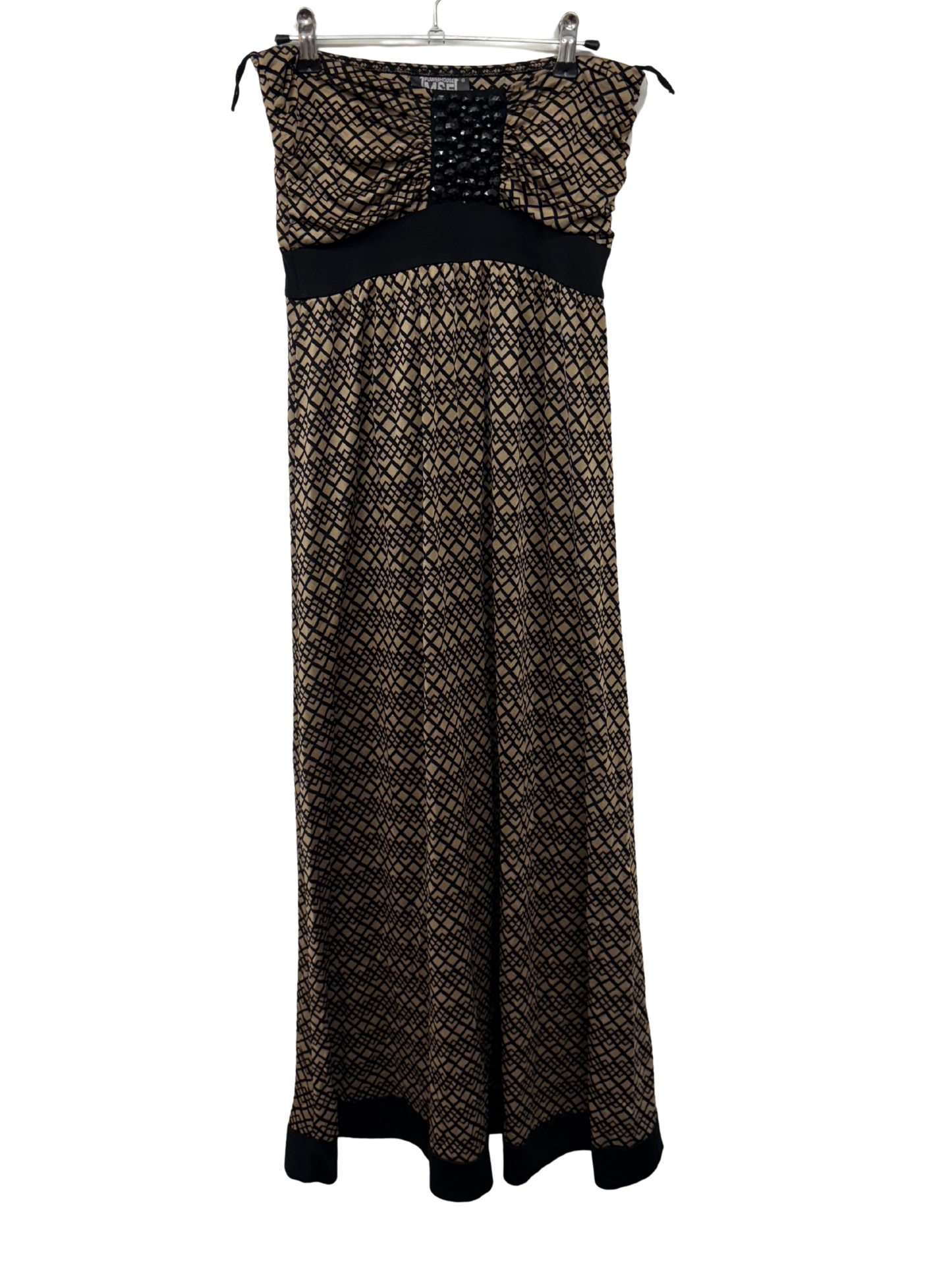 00s Gold/Black Diamond Print Long Strapless Dress with Bead Detail