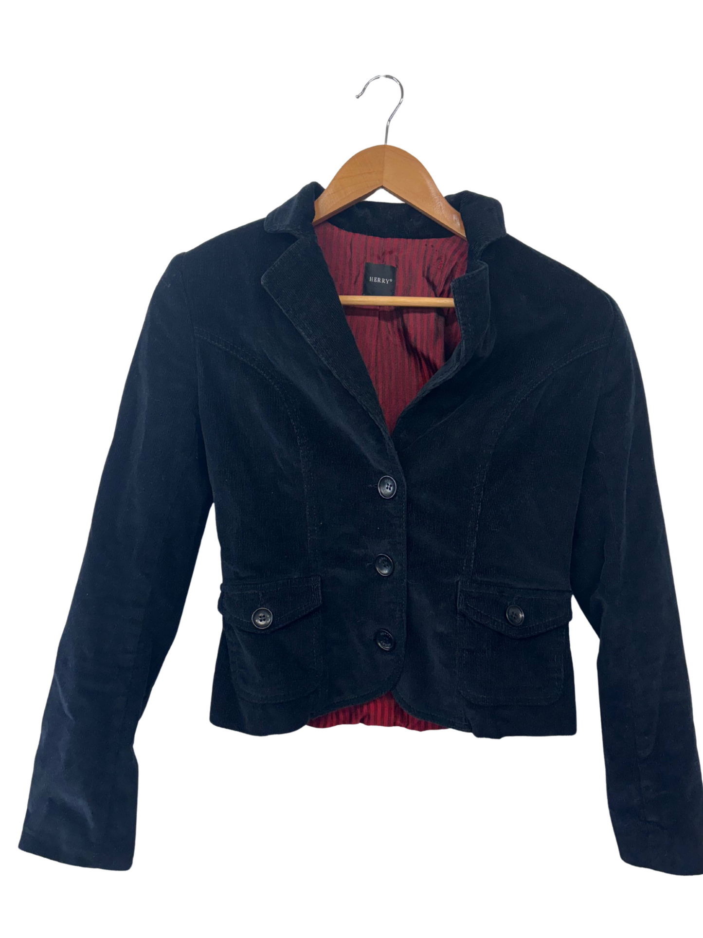 Black Corduroy Fitted Jacket with Shoulder Pads