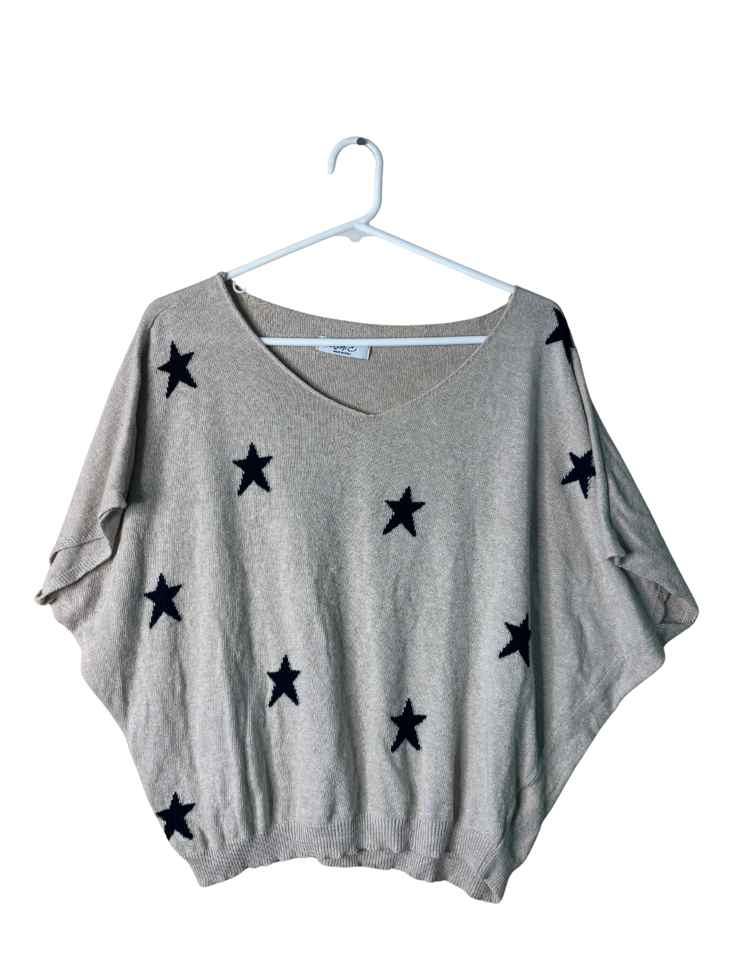 Beige & Blue Star Knit Batwing Top