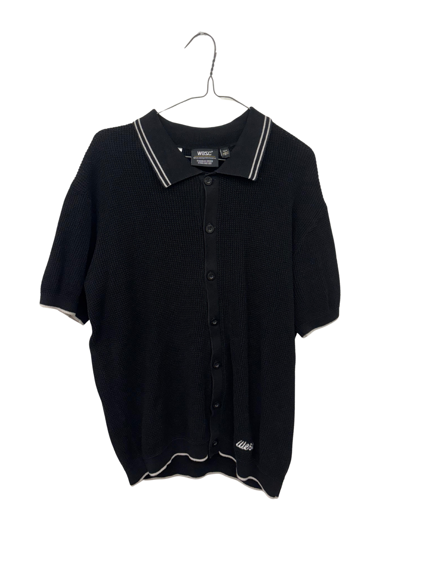 Black Short Sleeve Button Up Knit Shirt with White Edges