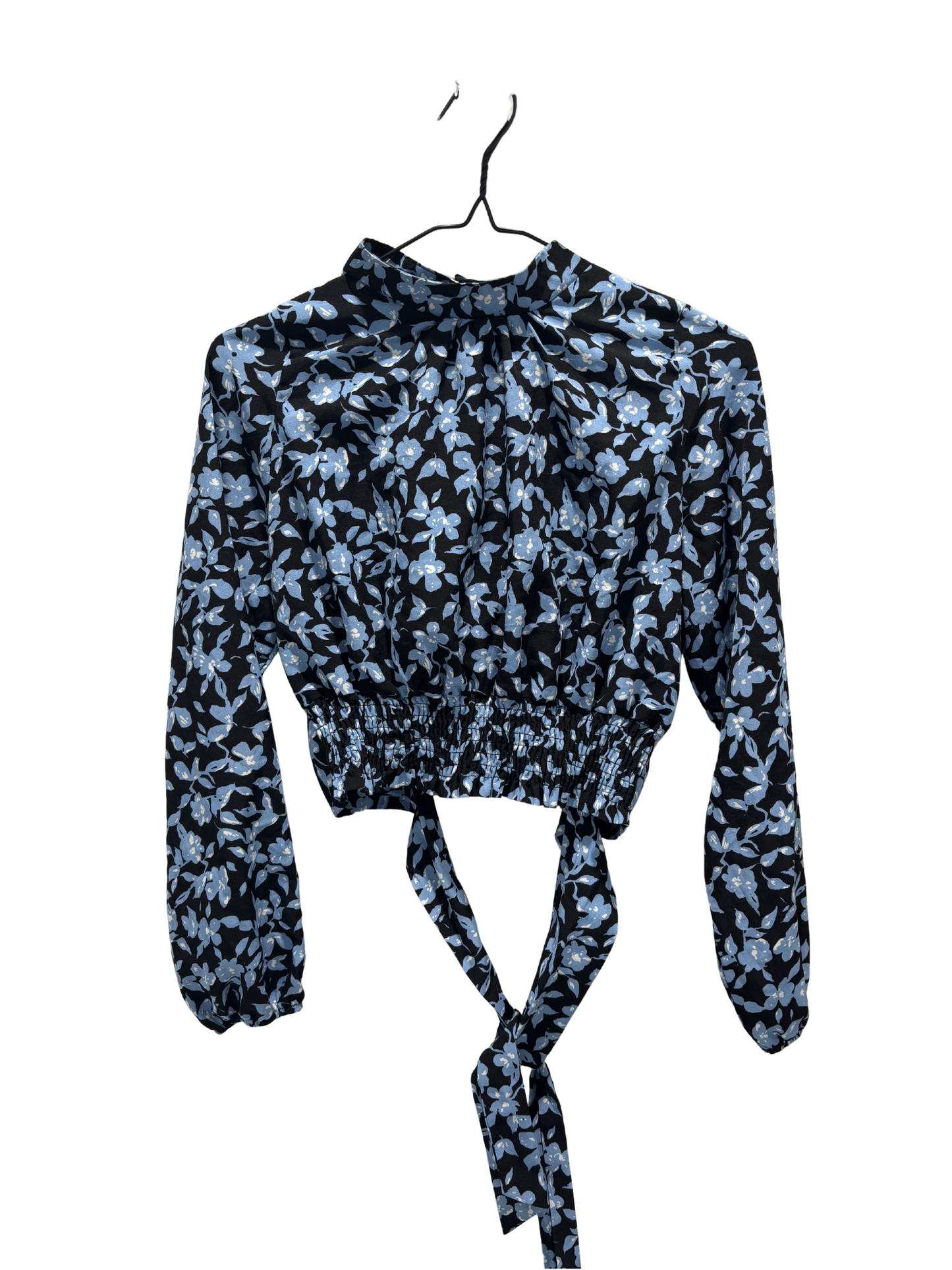 Black & Blue Floral Print Long Sleeve Cutout Tie Back Crop Top