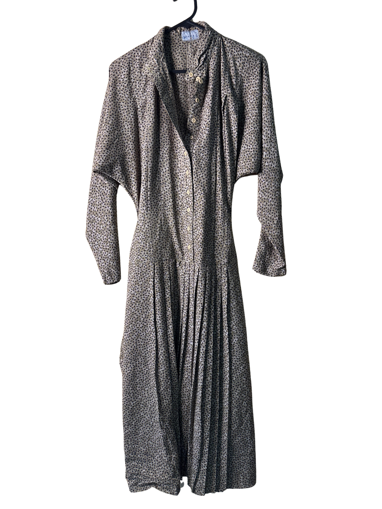 Vintage Khaki Green & Black Pattern Long Sleeve Button Up Drop Waist Dress