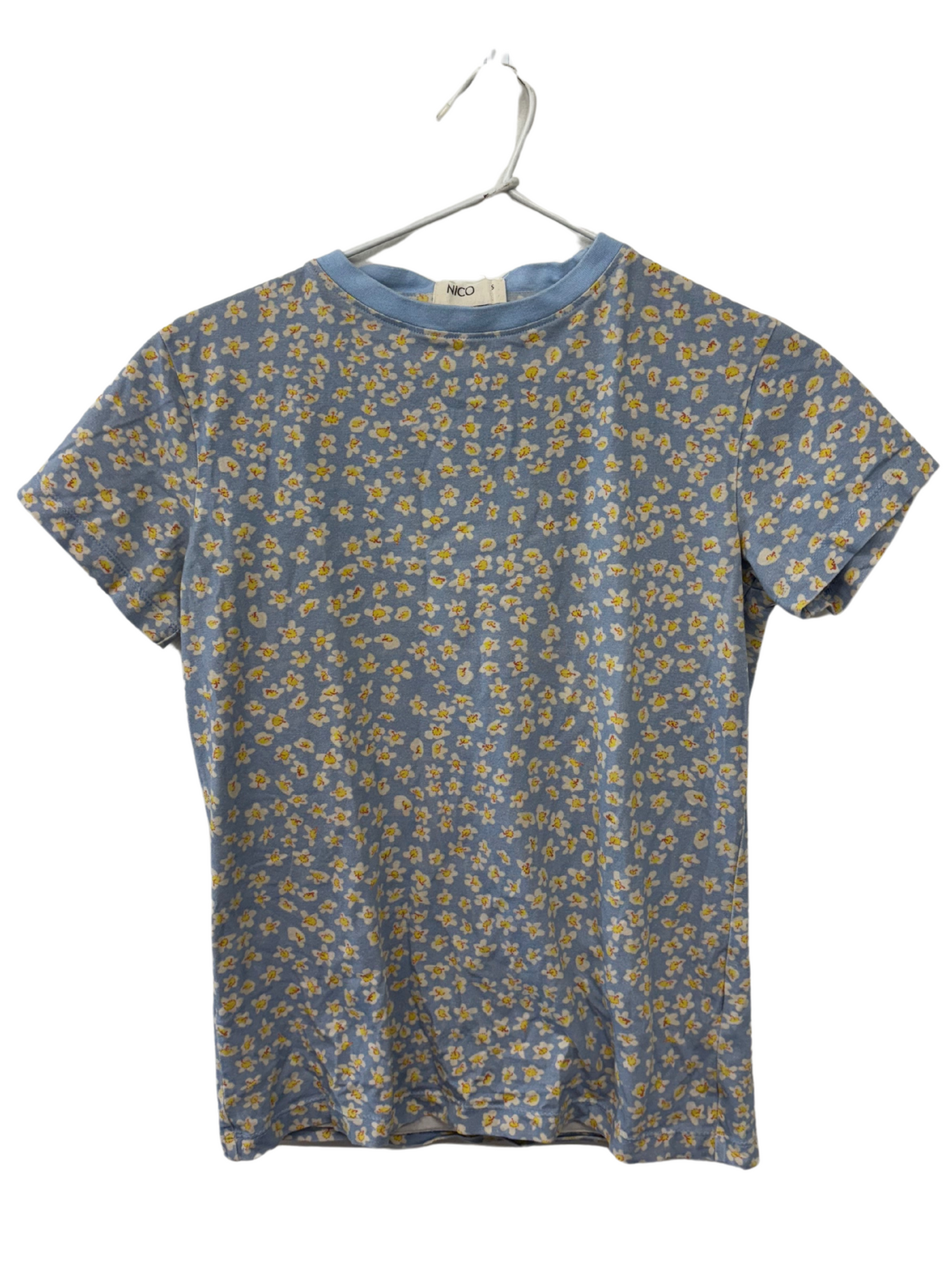 Light Blue, White & Yellow Floral Print Short Sleeve T Shirt