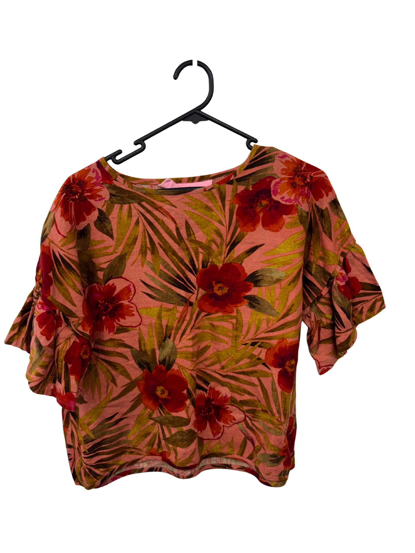 Pink, Red Floral Print Short Sleeve Boxy Top