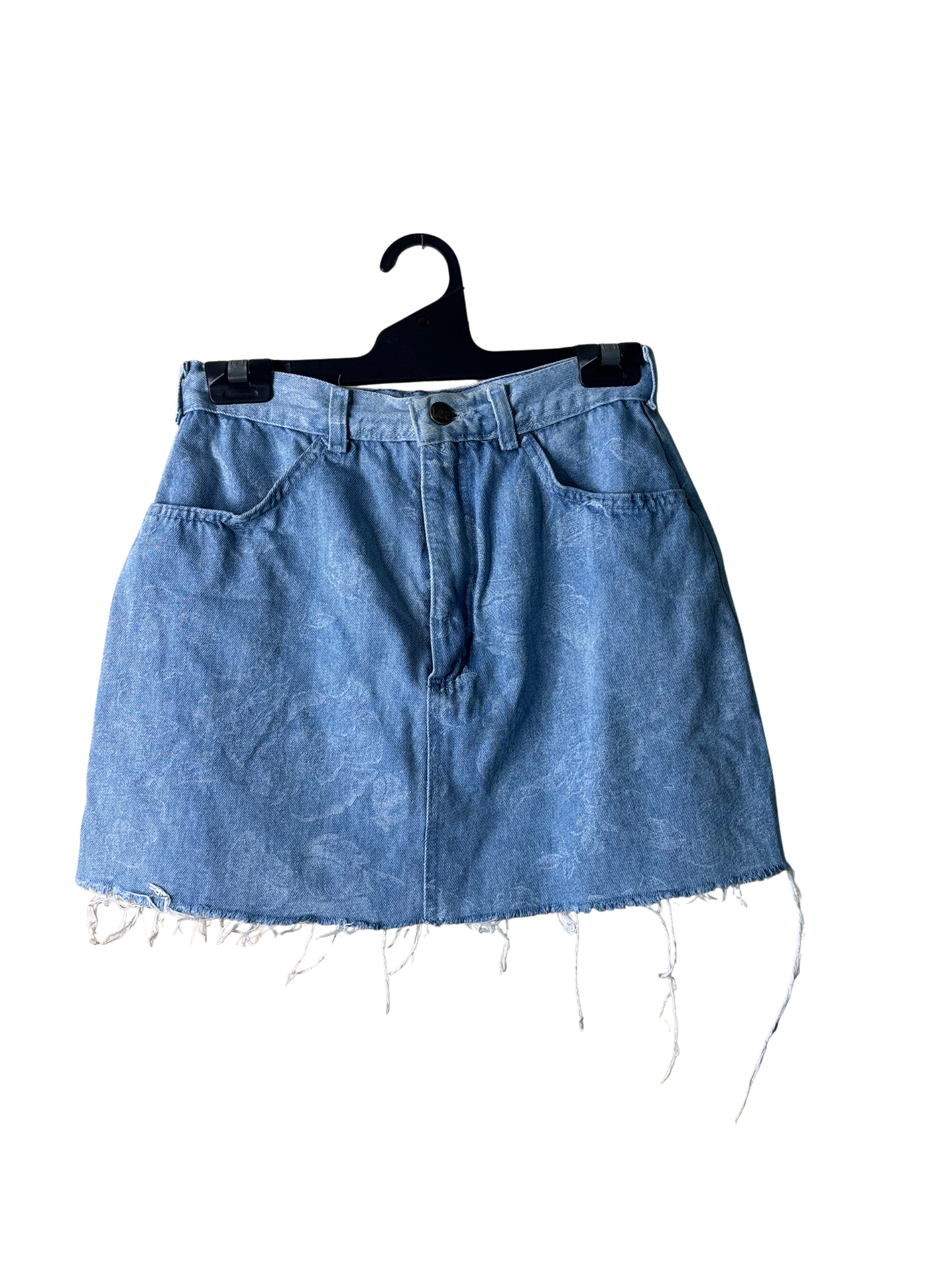 Blue Raw Hem Short Skirt with White Rose Pattern