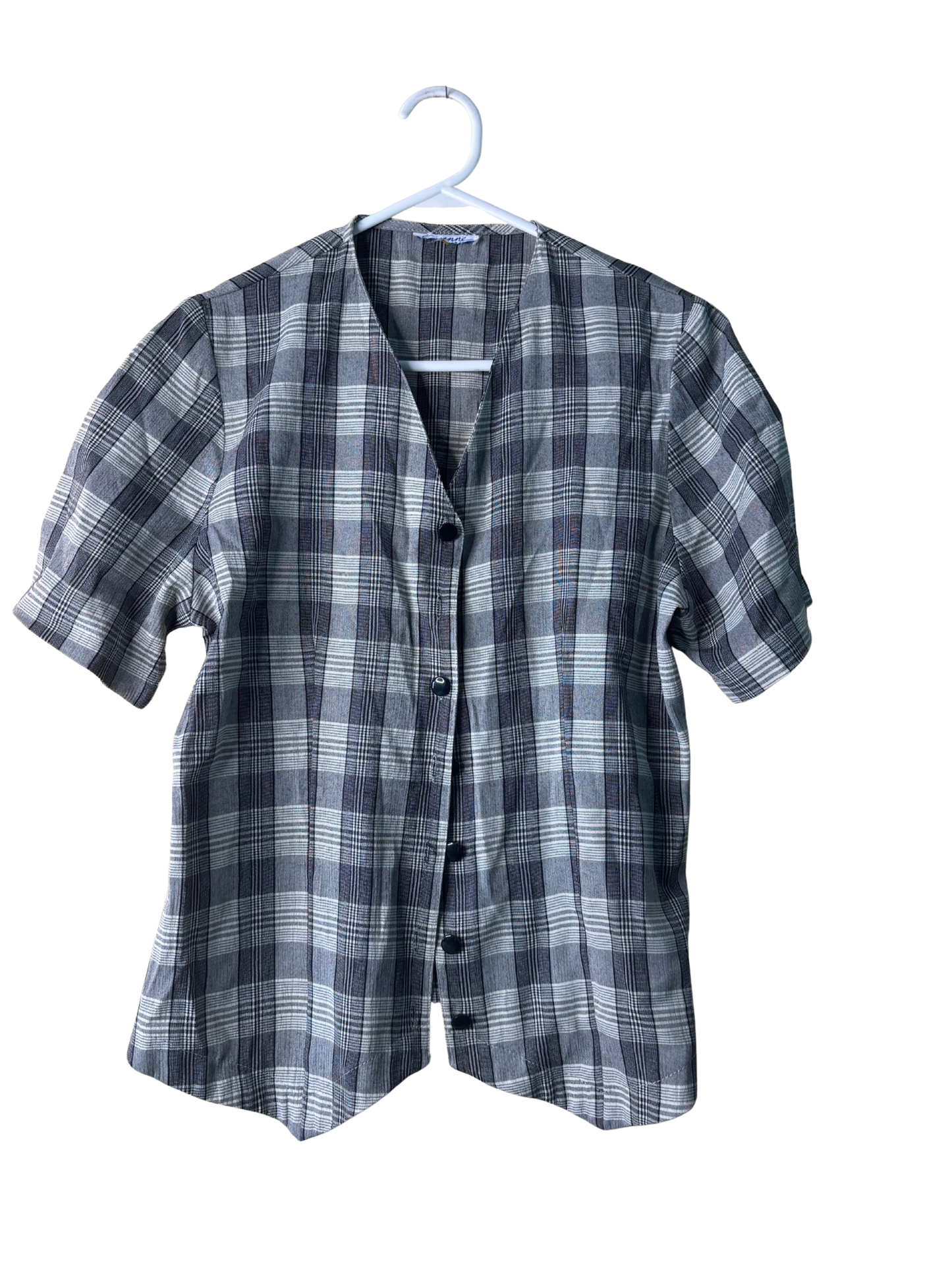 90s Grey & Cream Check Short Sleeve Button Up Shirt