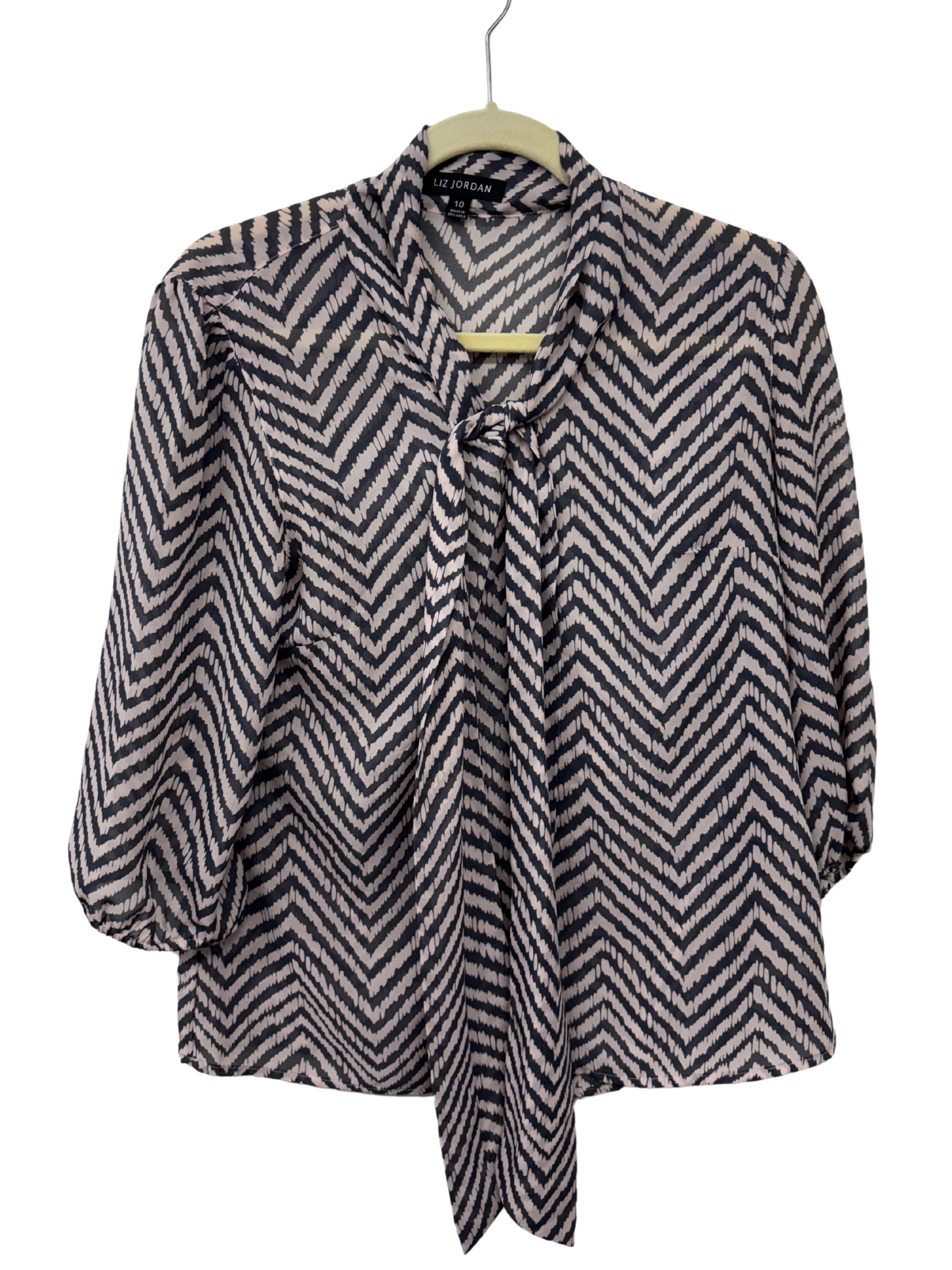 Black & Pink 3/4 Sleeve Jagged Print Sheer Shirt with Neck Ties