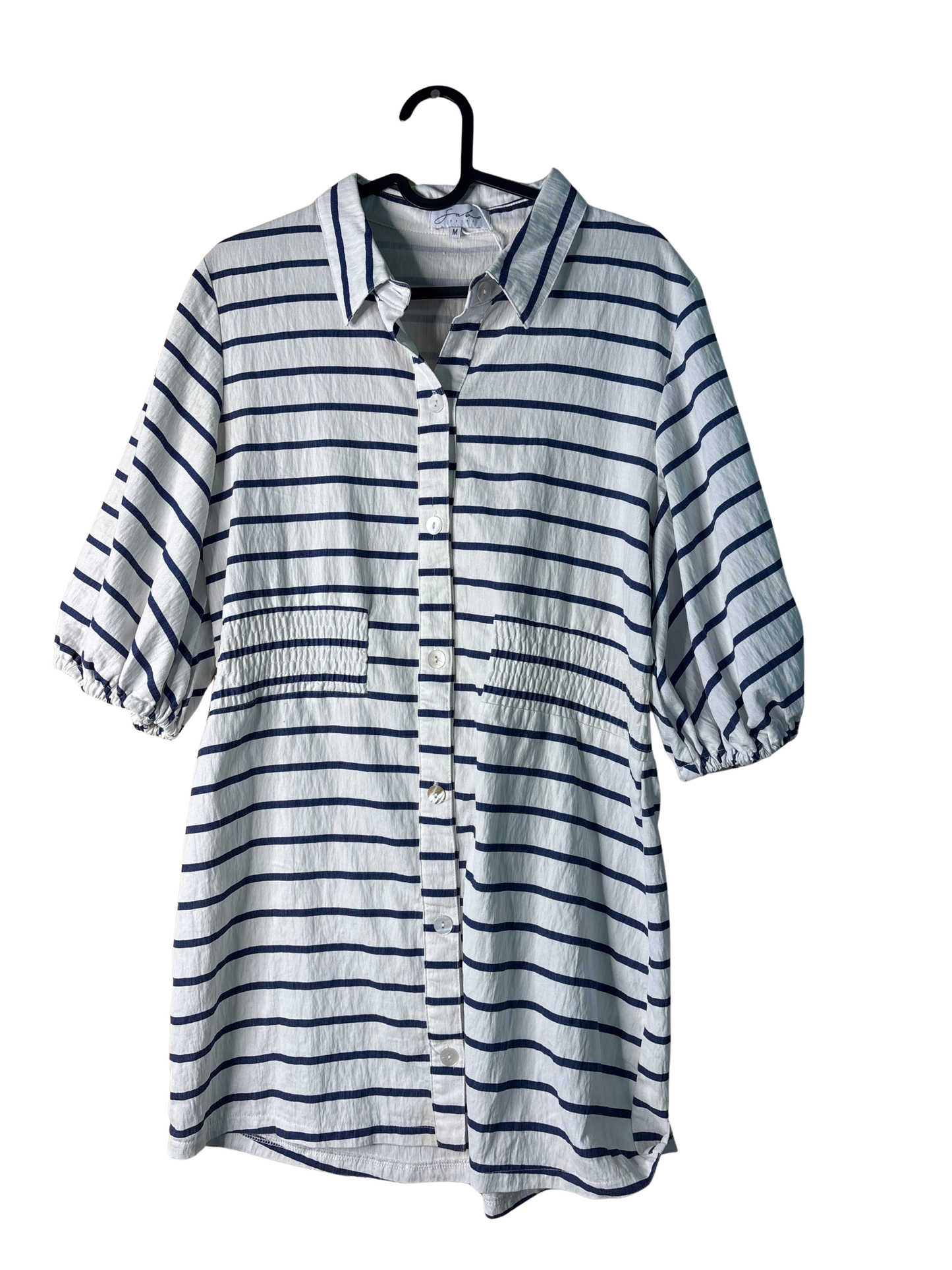White & Blue Stripe Half Puffy Sleeve Short Dress