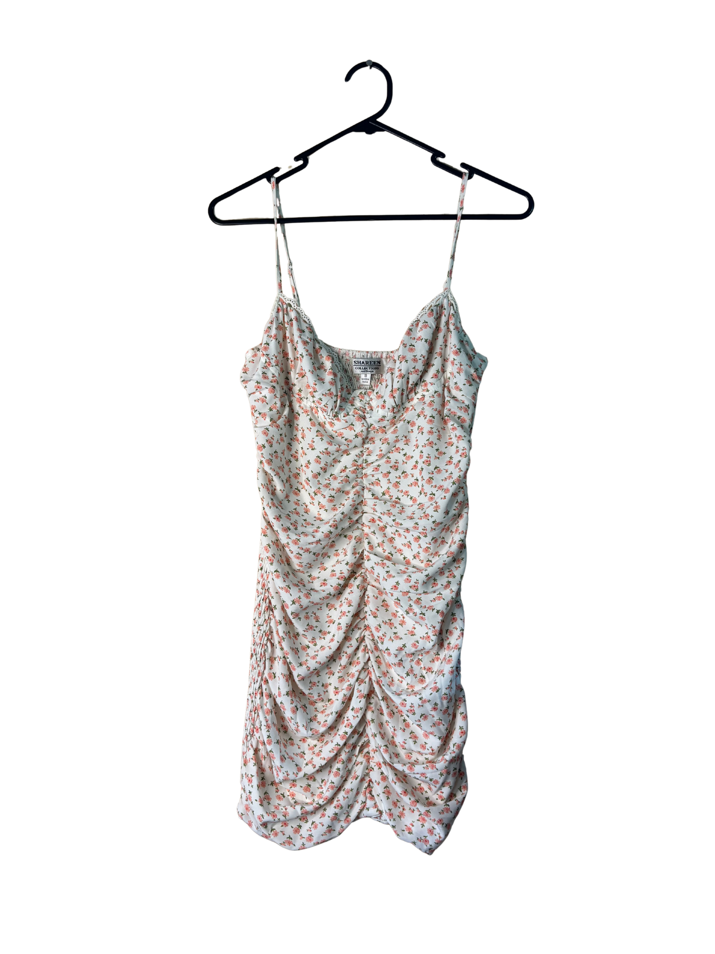 White, Pink, Green Floral Print Strappy Ruched Short Dress