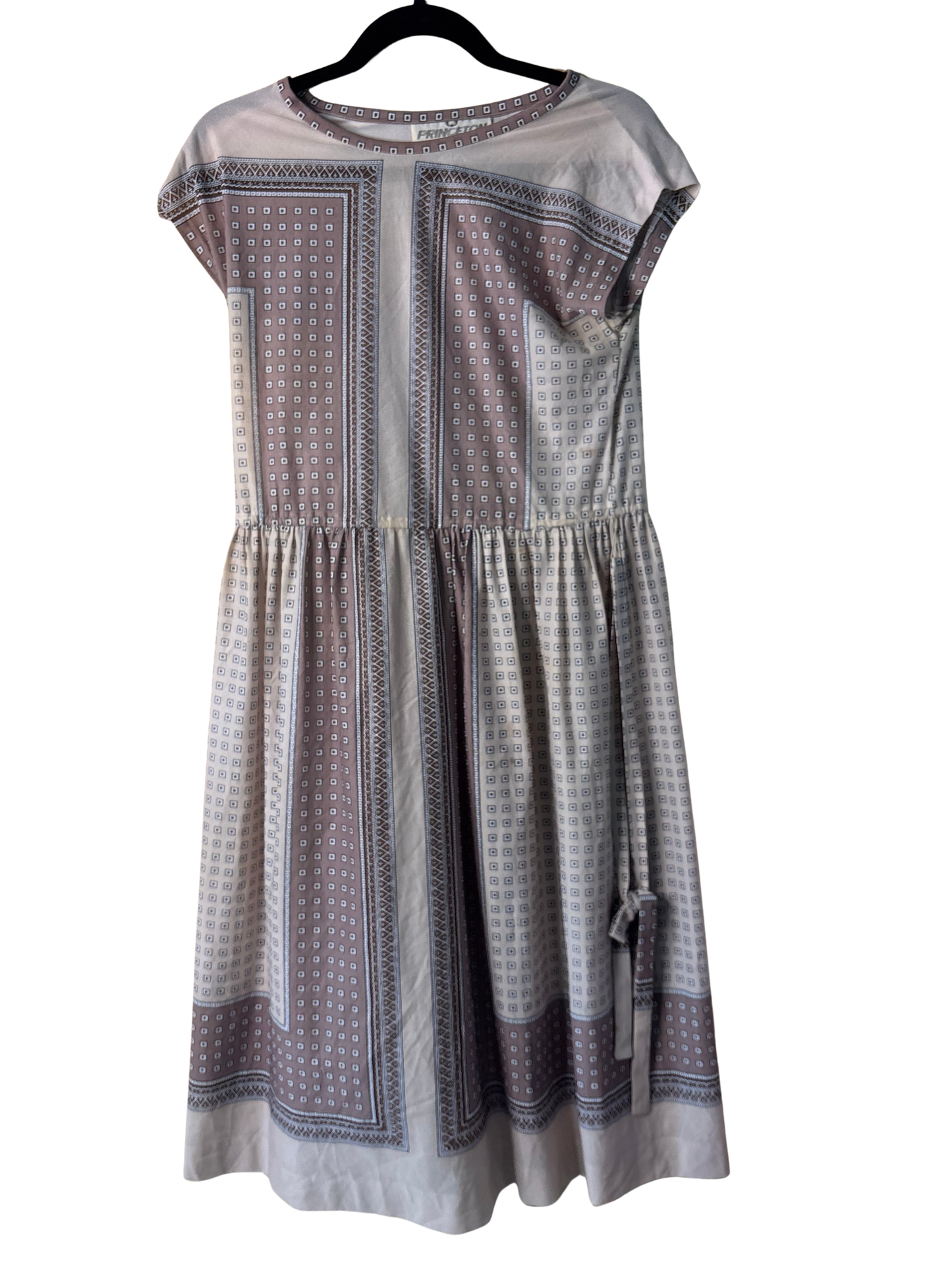Vintage Beige & Brown Print Short Sleeve Semi-Sheer Midi Dress