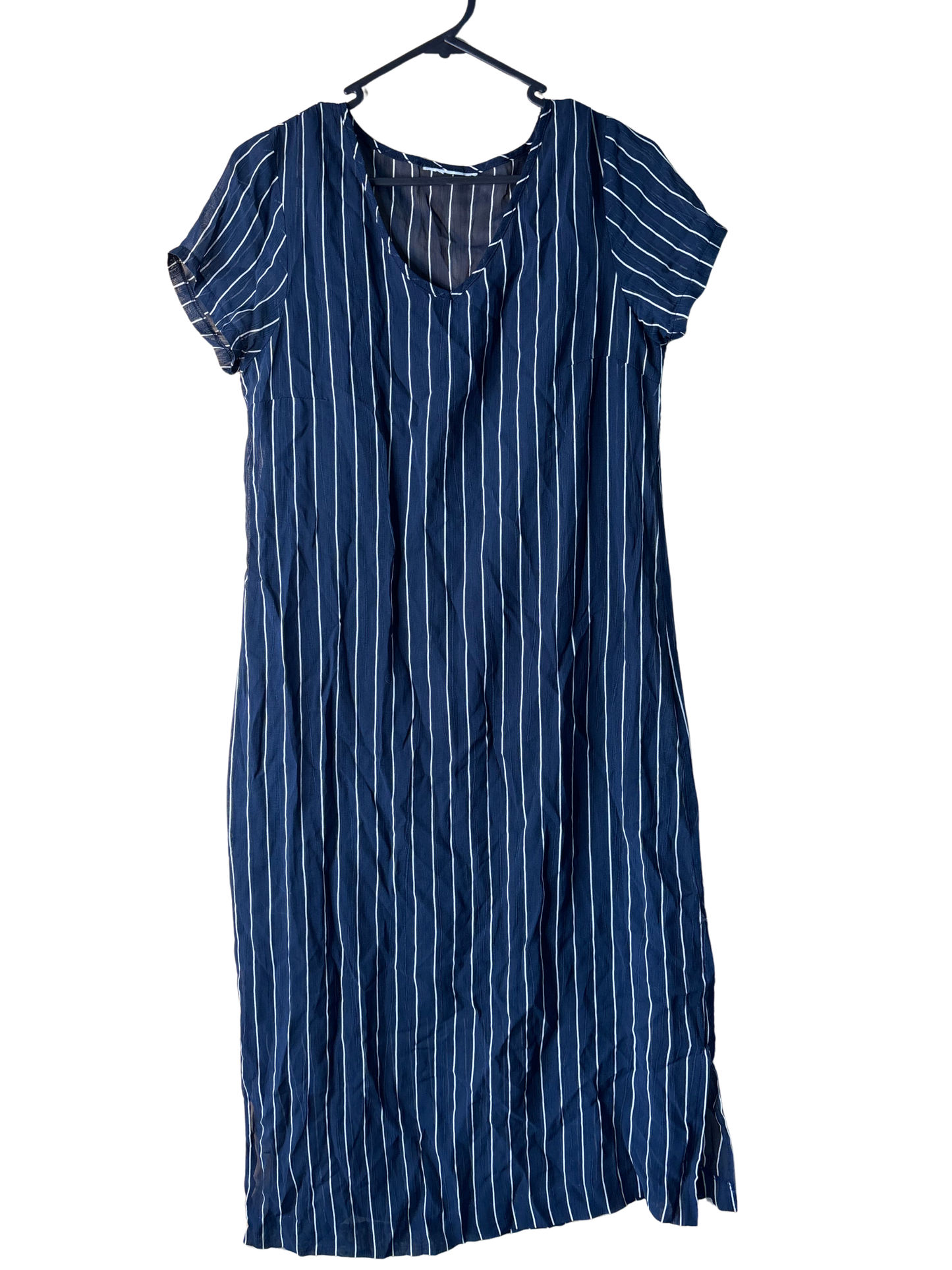 Dark Blue & Cream Stripe Short Sleeve Sheer Midi Dress with Slip
