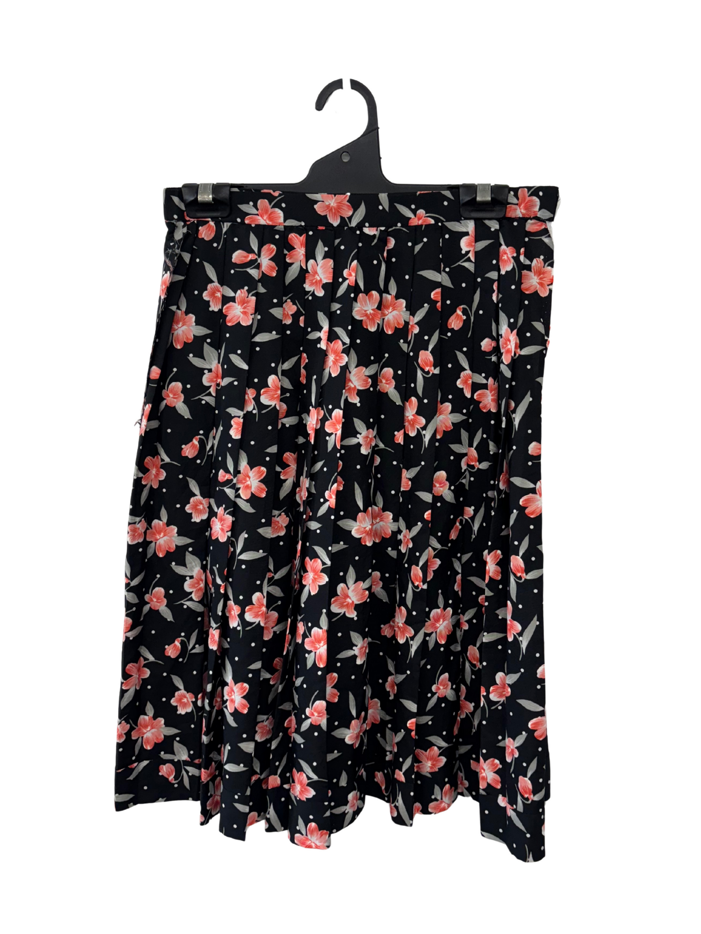 Black, Pink, White Floral Knee Length Pleated Skirt