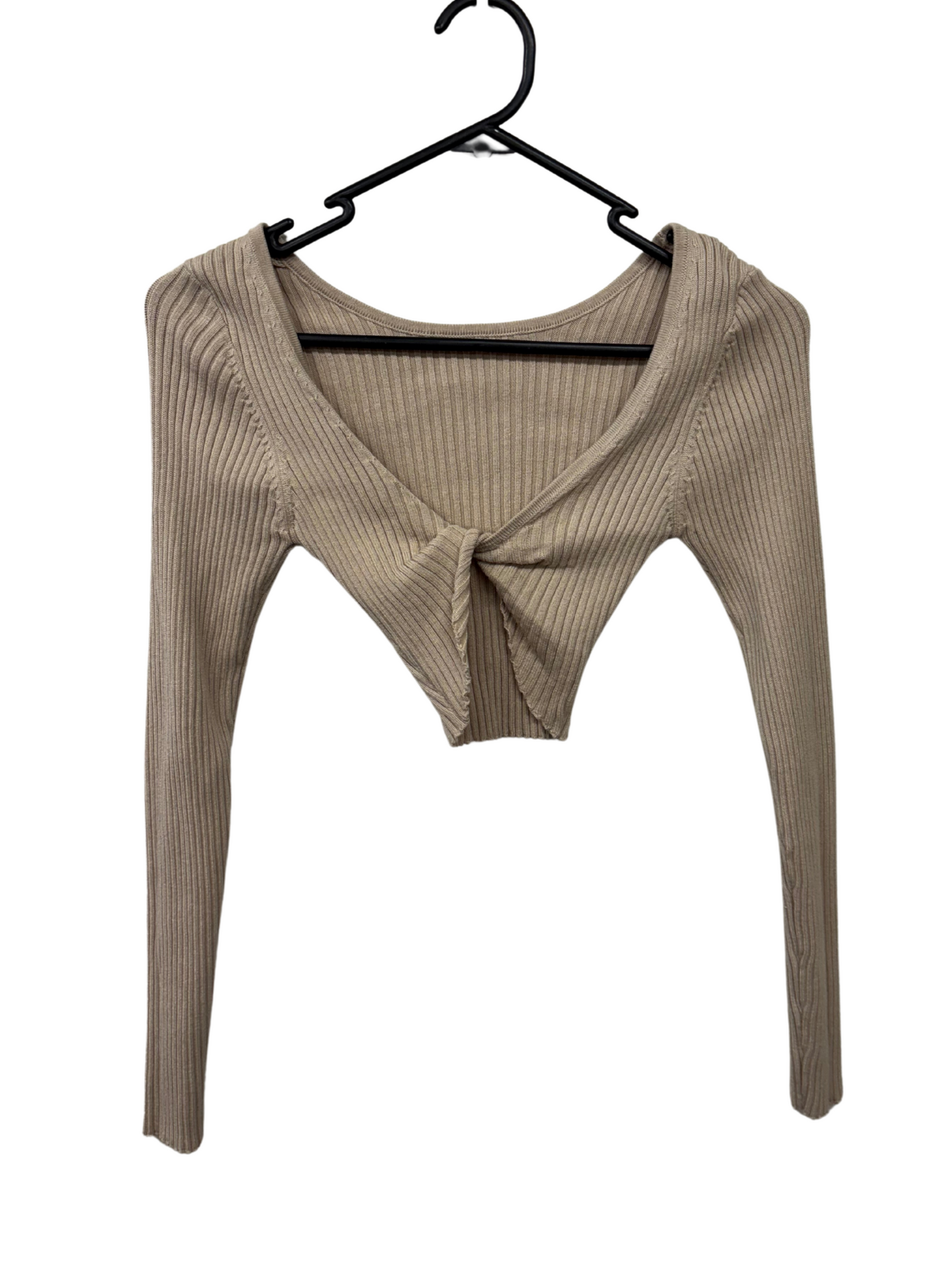 Cream Rib Knit Long Sleeve Knot Crop Top