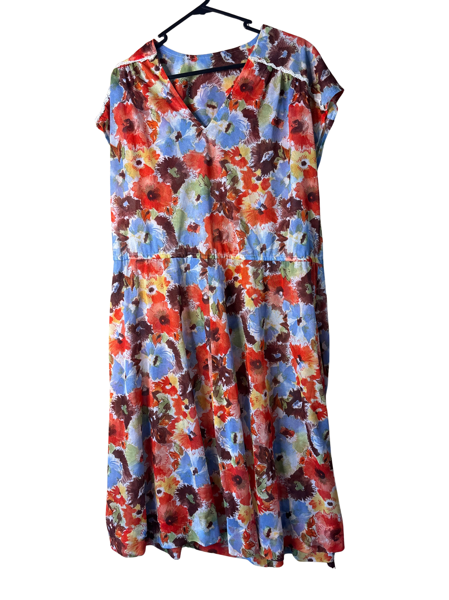 Vintage Brown, Red, Blue Semi-Sheer Midi Dress