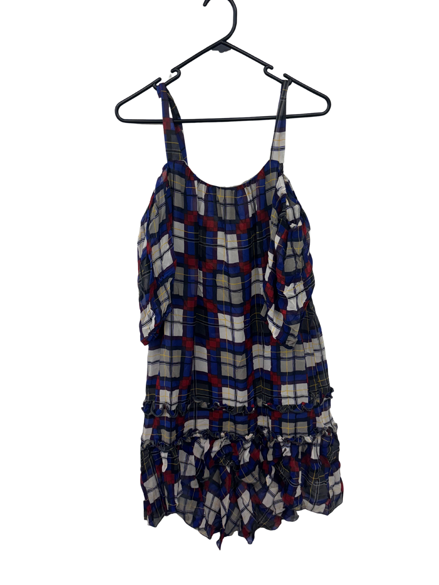 Blue, Black, White Check Cold Shoulder SHort Dress