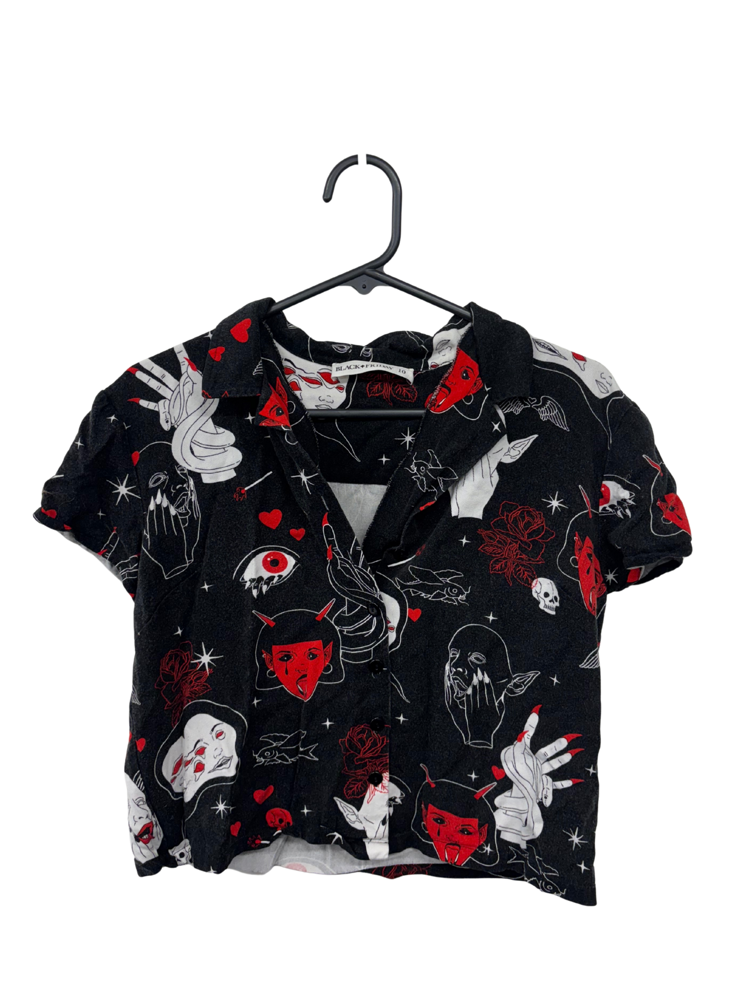Black, White, Red Pattern Scary Short Sleeve Button Up Shirt