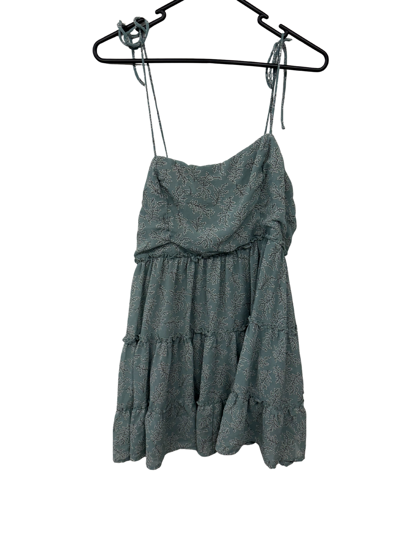 Green, White, Black Cherry Blossom Print Strappy Tie Tiered Dress