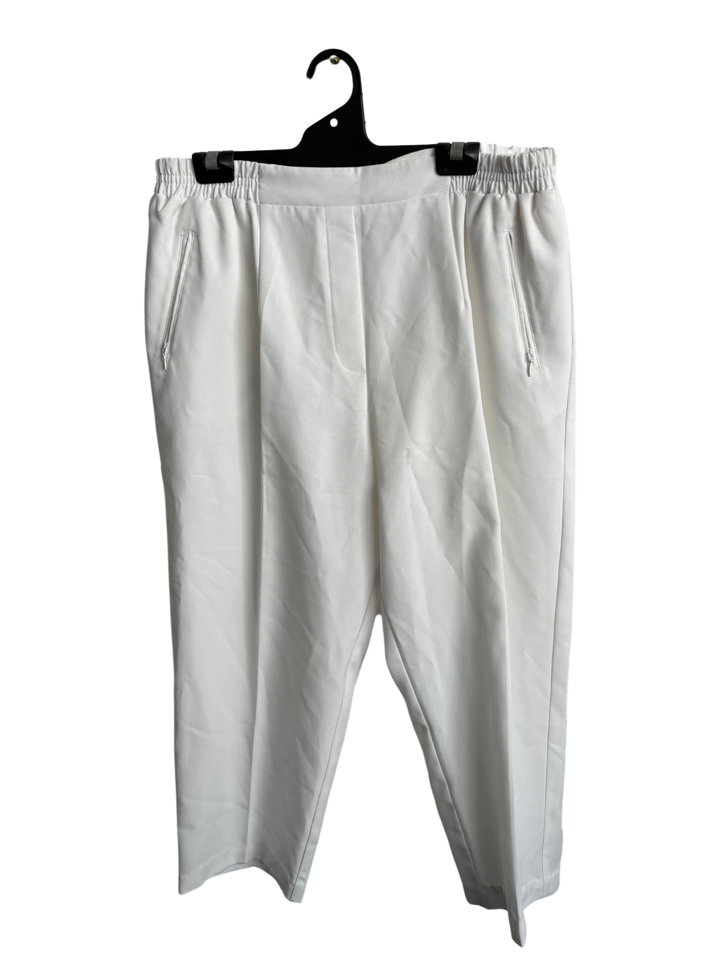 White Tapered Pants with Front Pockets Elastic Waist
