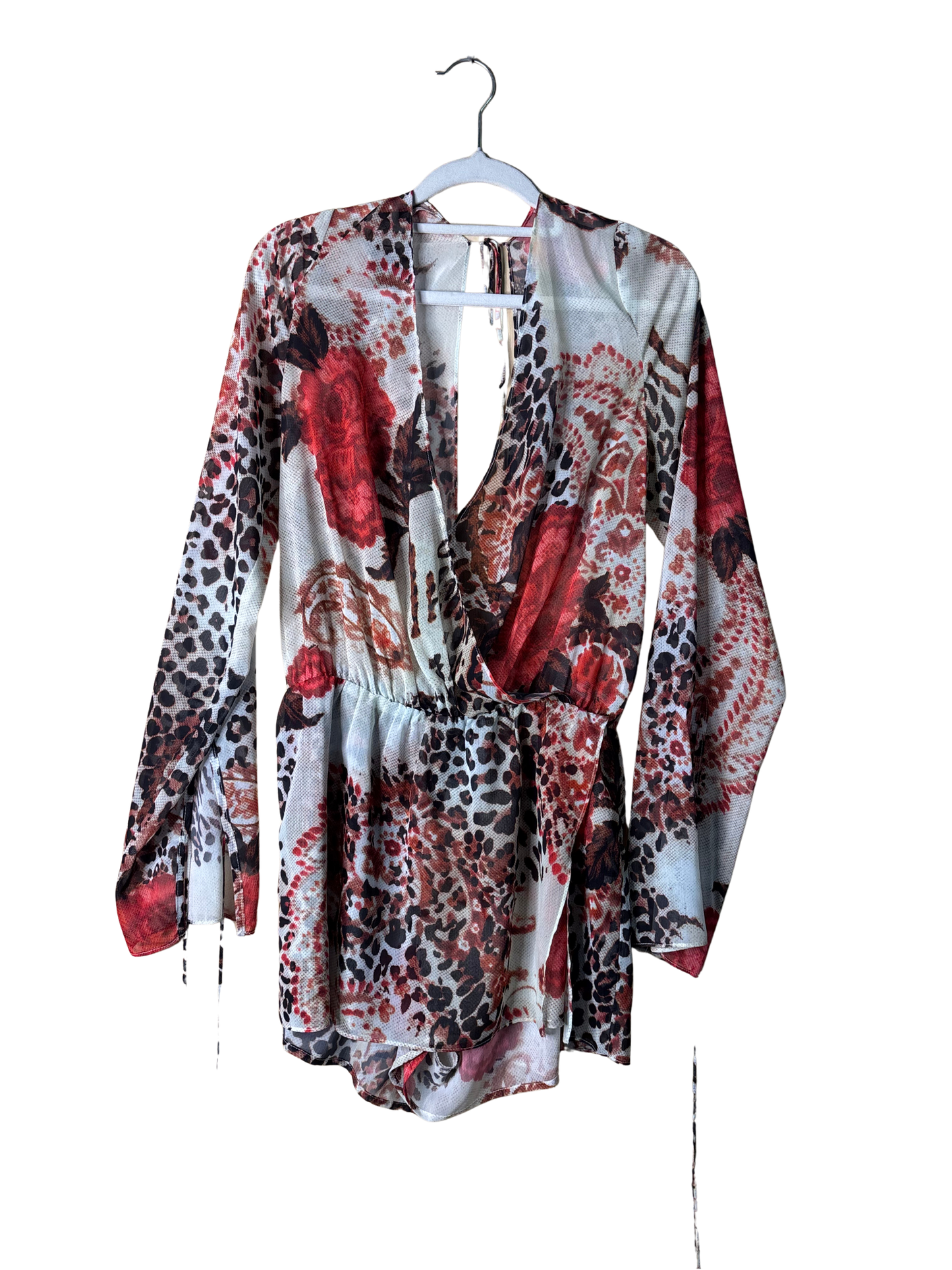 Cream, Black & Red Pattern Sheer Long Sleeve Playsuit