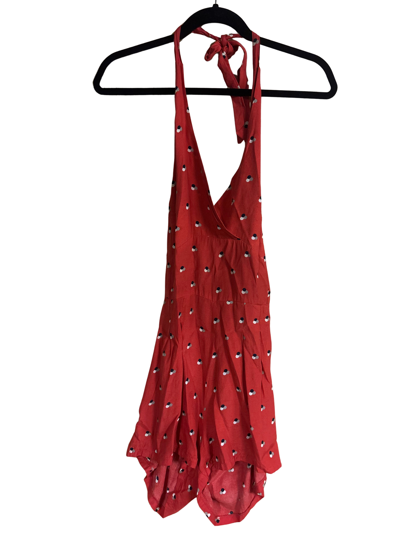 Orange Halter Neck Playsuit with Black, Beige & Cream Spotty Pattern