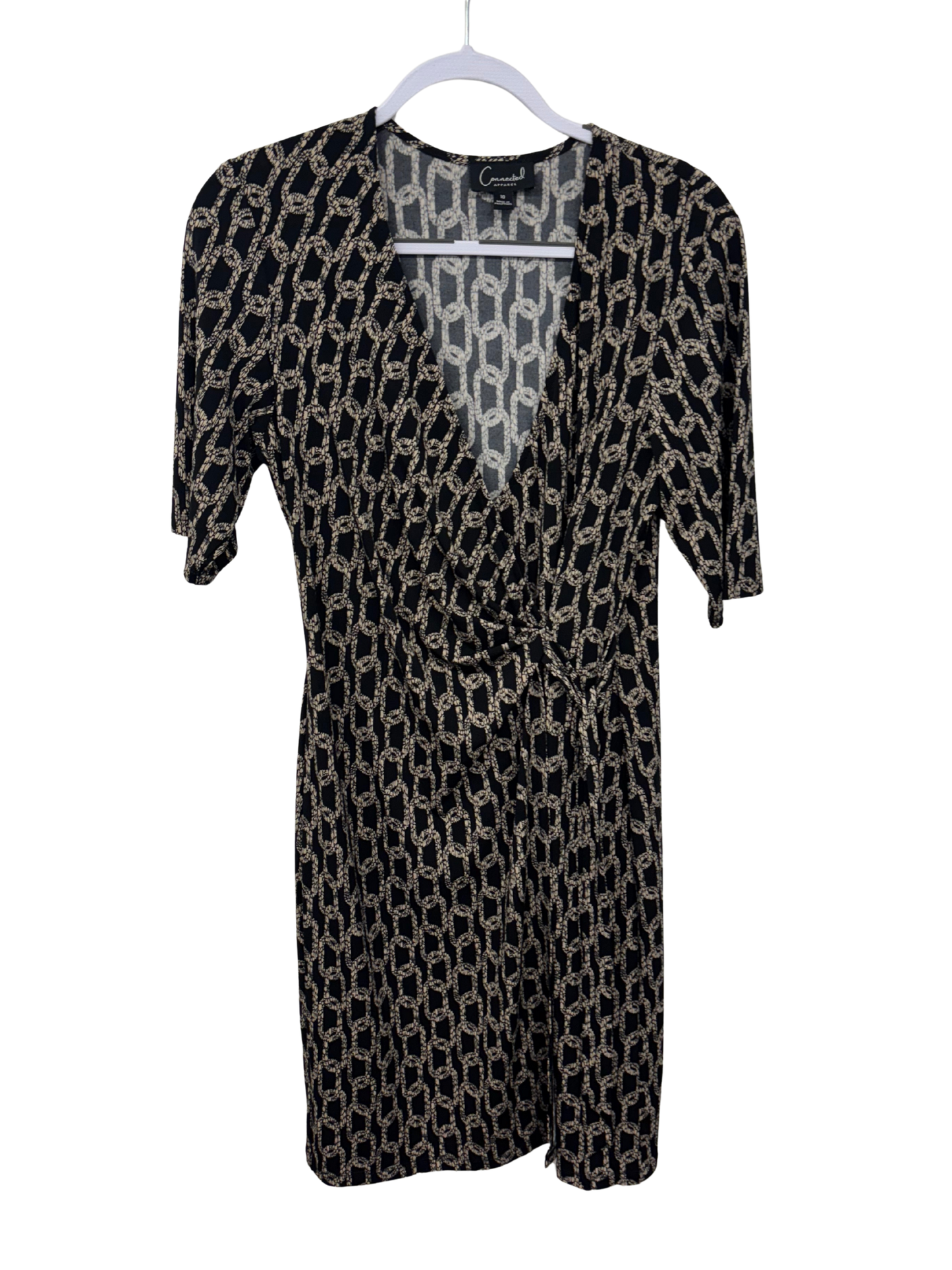 Black & Beige Chain Print Short Sleeve Midi Wrap Dress