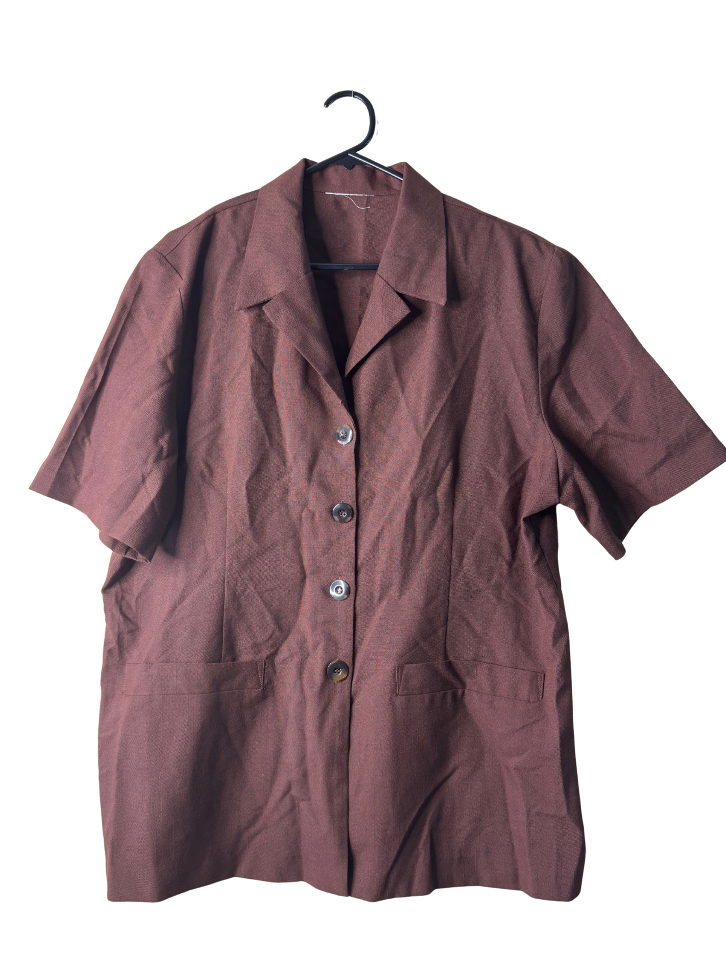 Vintage Dark Brown Short Sleeve Button Up Top with Pockets