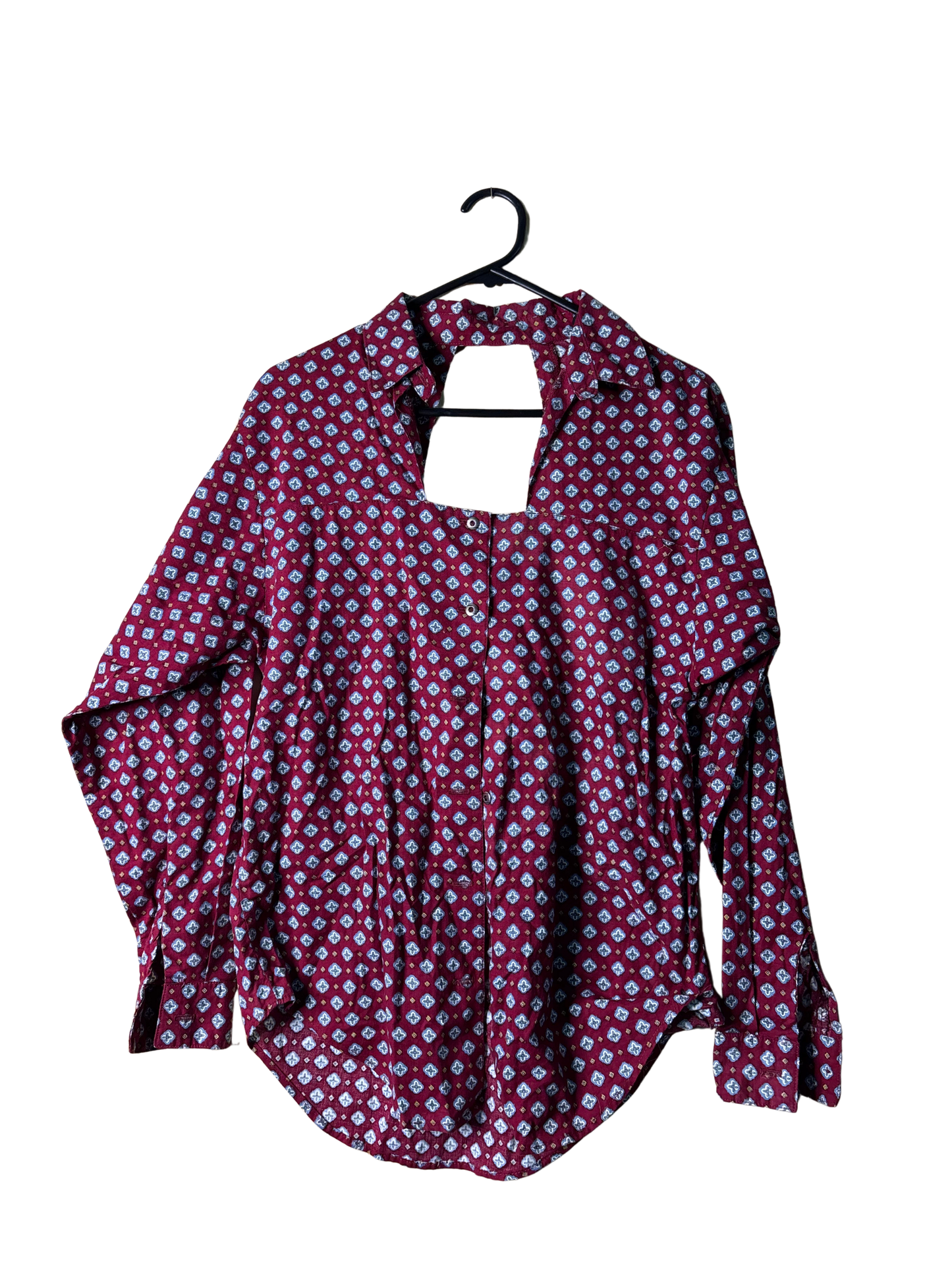 Vintage Maroon, Blue, White Patterned Long Sleeve Button Up Top with Cutout Back