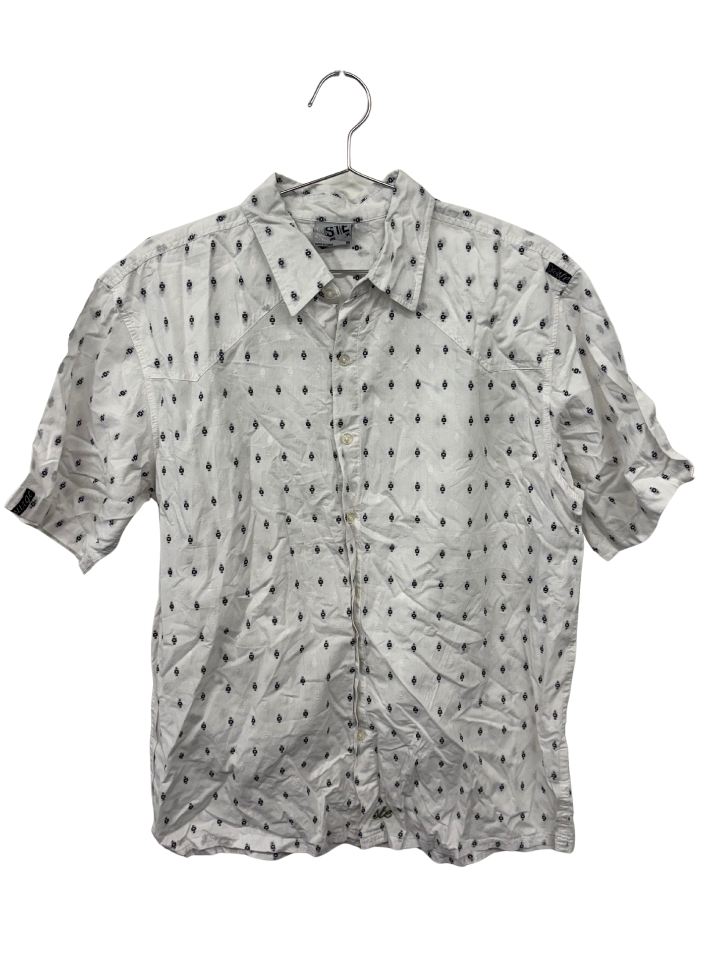 00s White & Black Print Short Sleeve Button Up Shirt